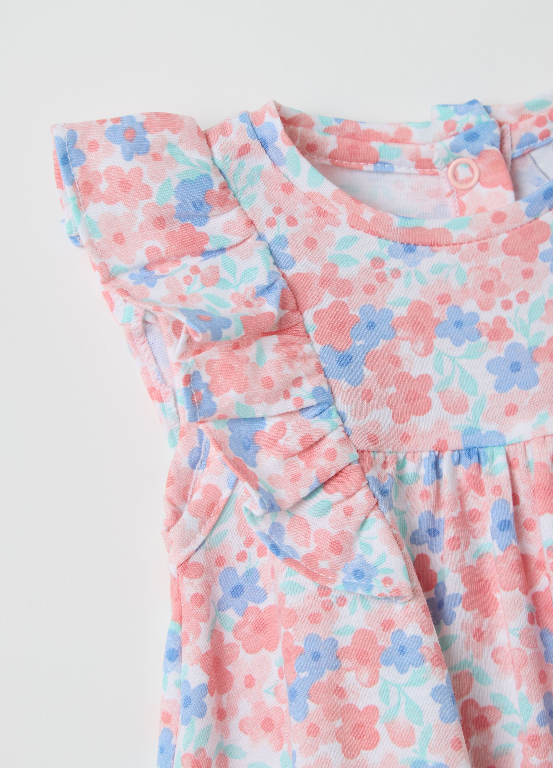 Pink and light blue cotton dress with small flowers print