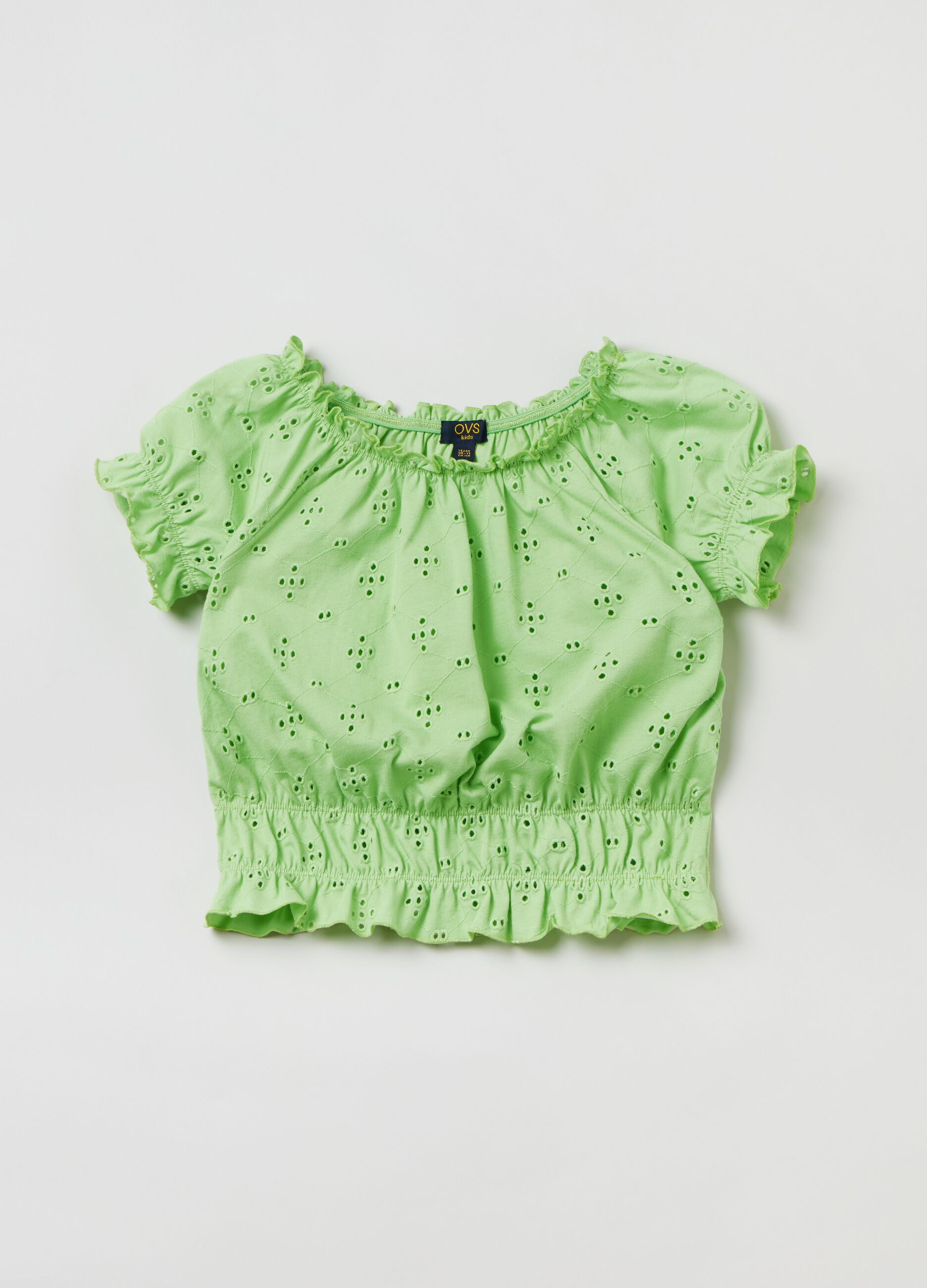 T-shirt in cotone sangallo con rouches_0