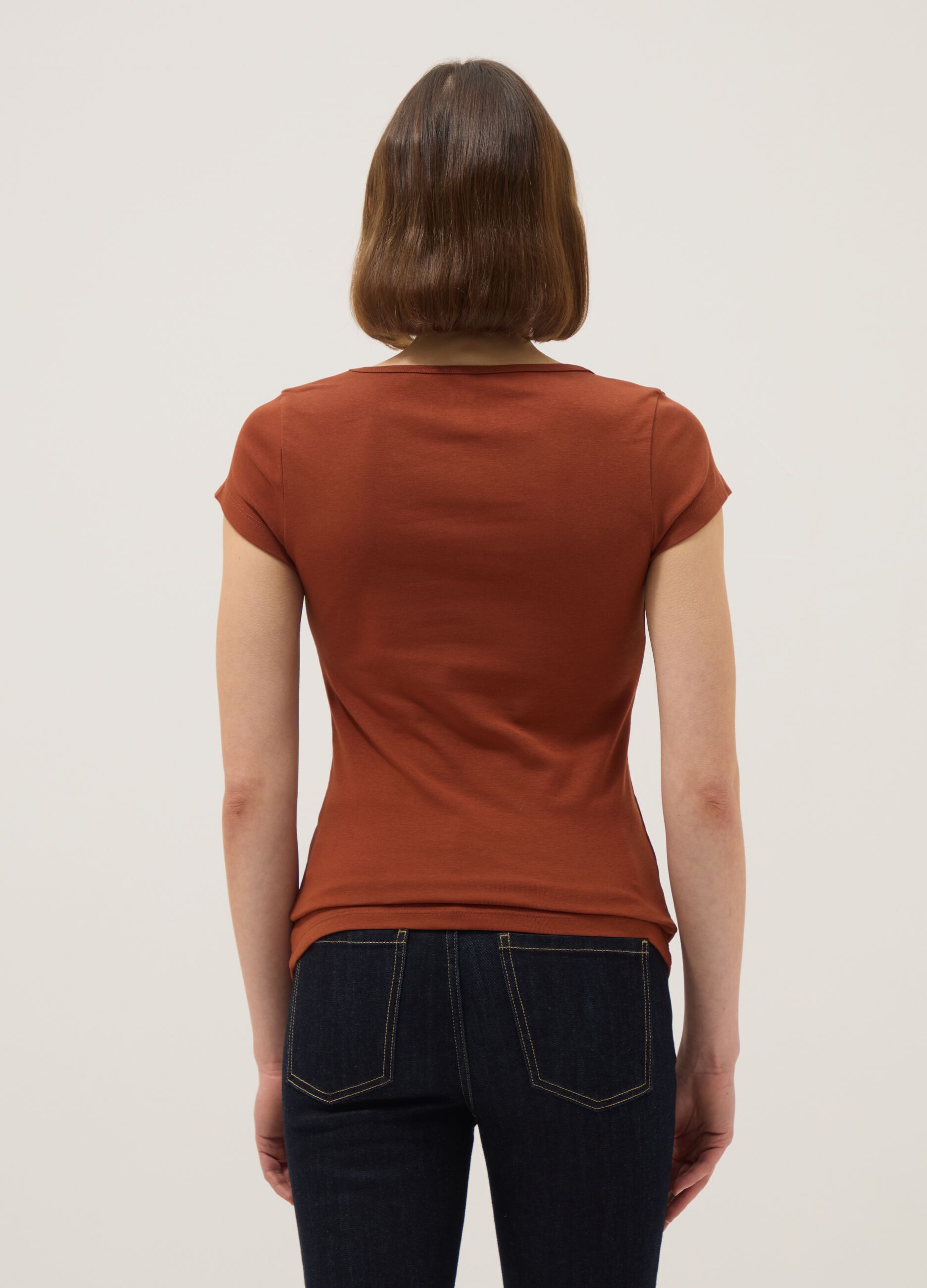 Orange fitted stretch-cotton T-shirt with square neckline