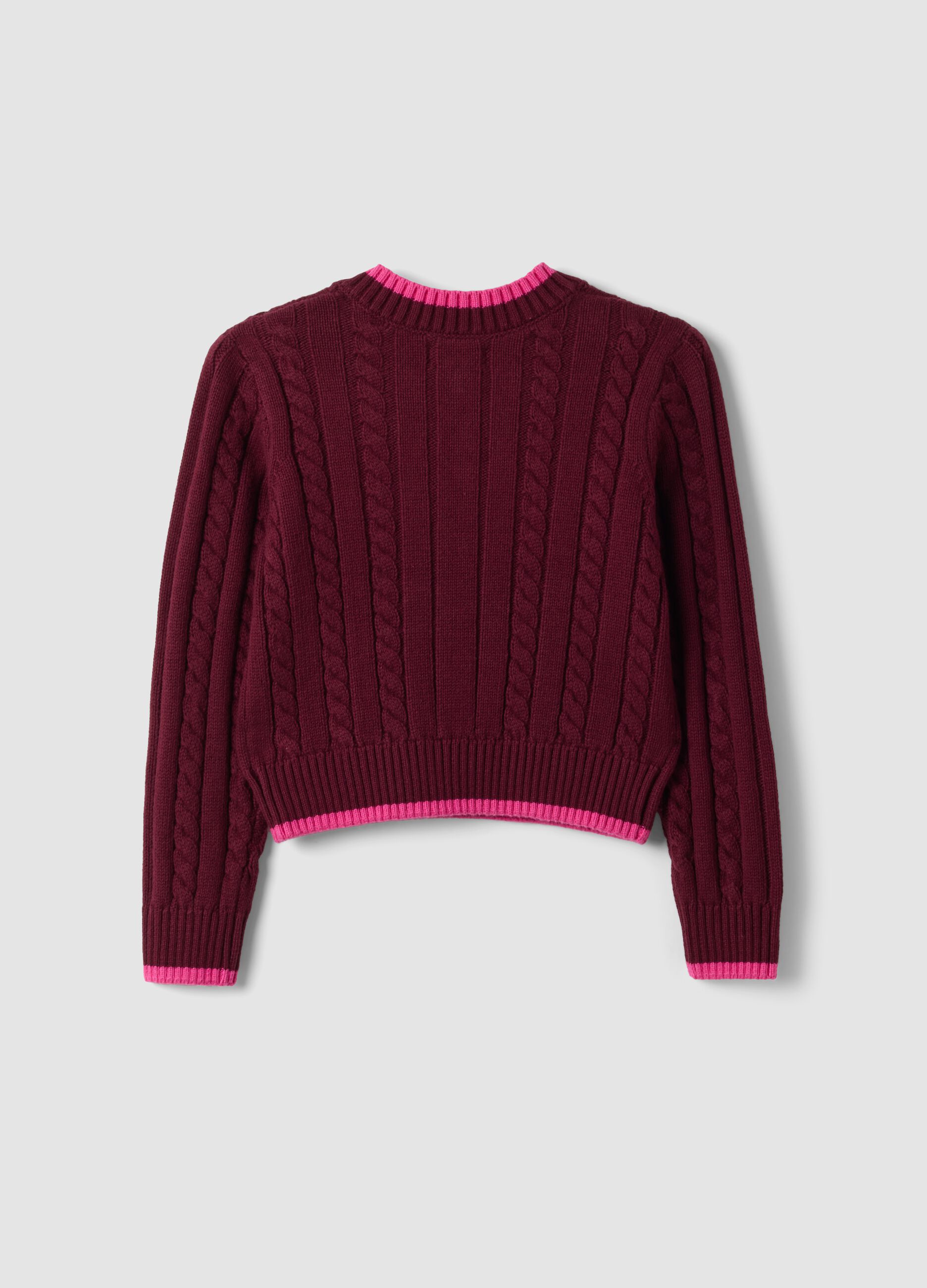 Maglia rossa in puro cotone a trecce con scollo a V per bambina