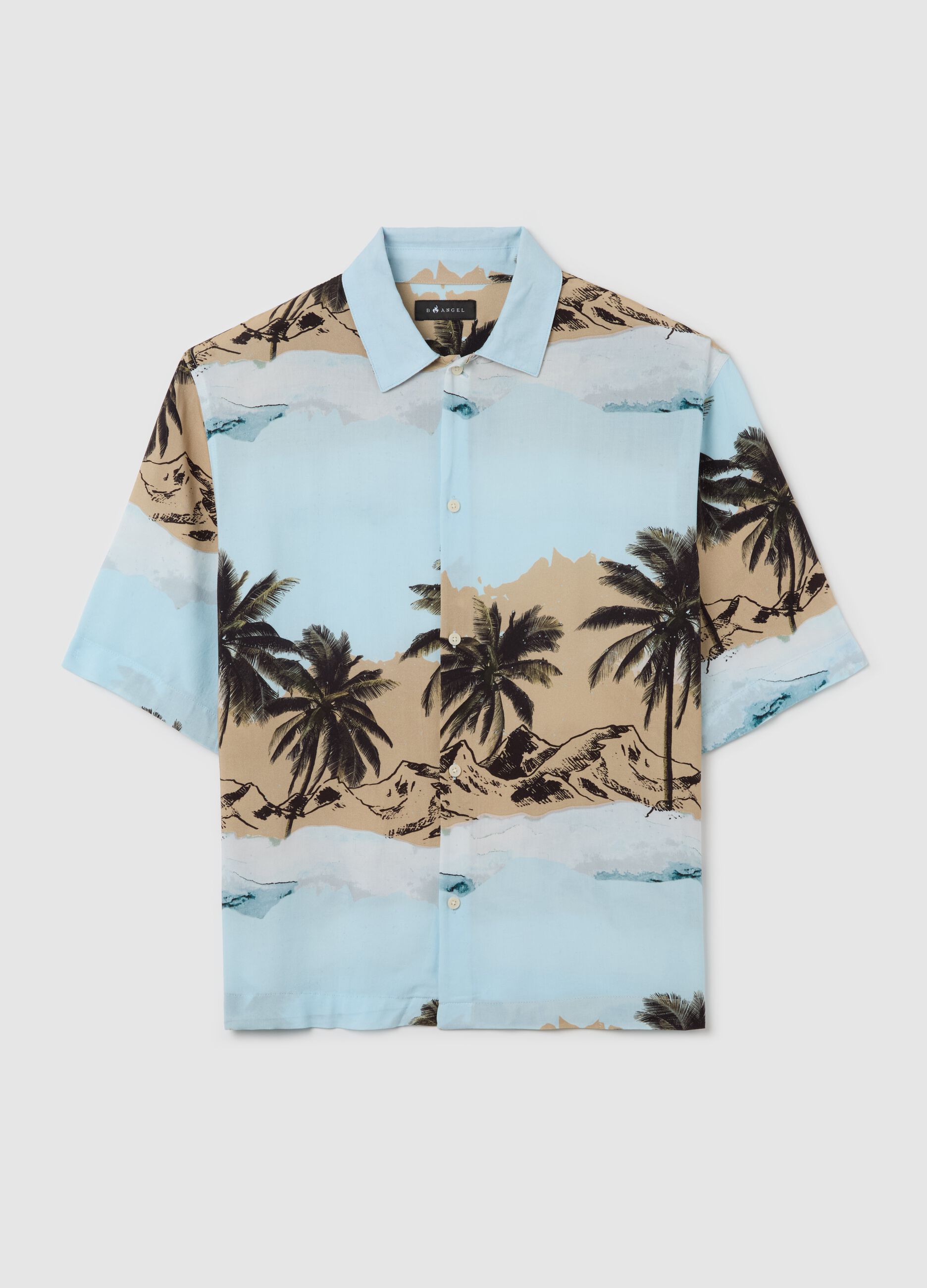 Men's short-sleeved, oversized multi-coloured 100% viscose shirt with print