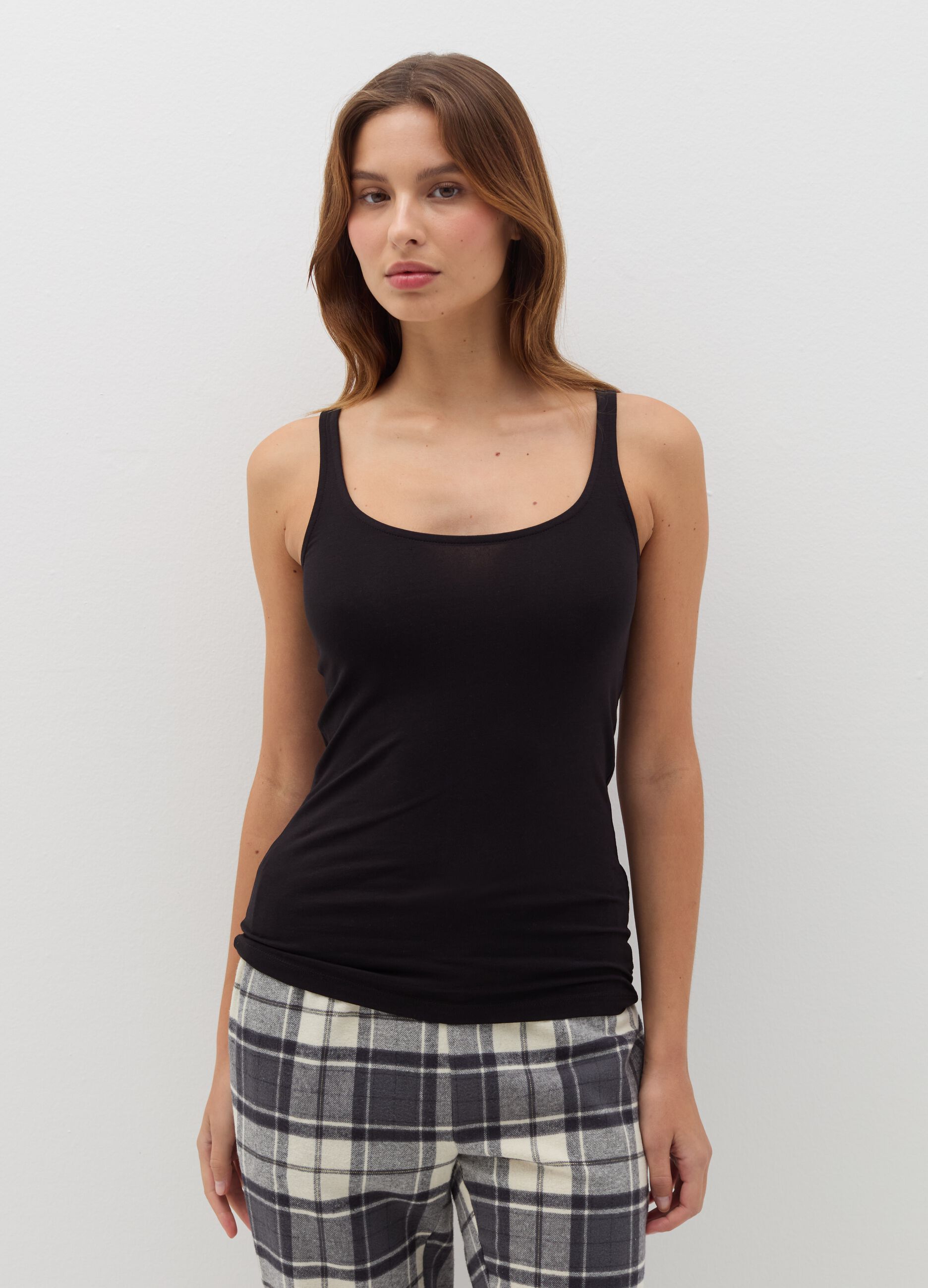 Stretch cotton vest with wide shoulder straps