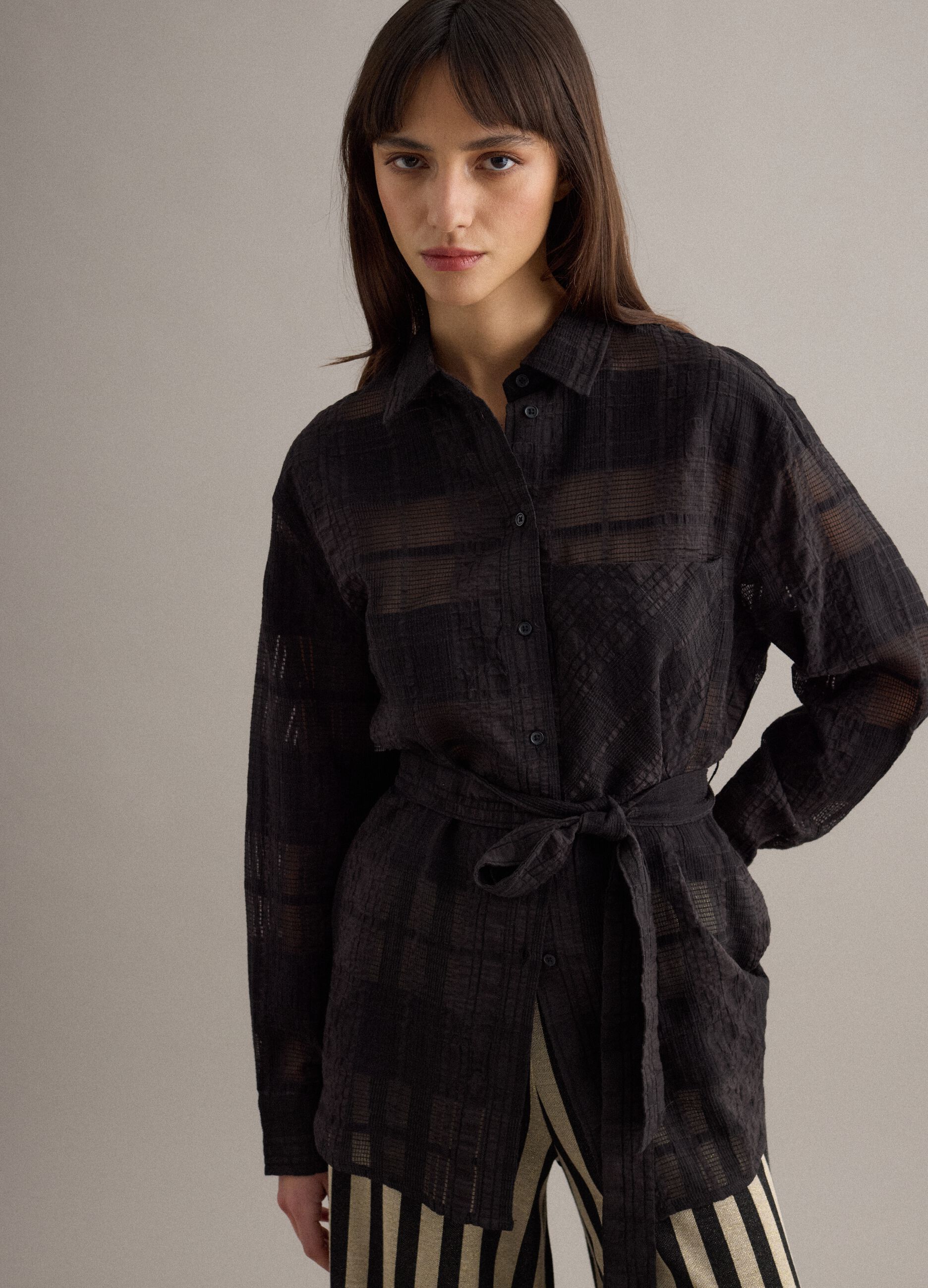 Black viscose blend oversized fit check semi-transparent shirt