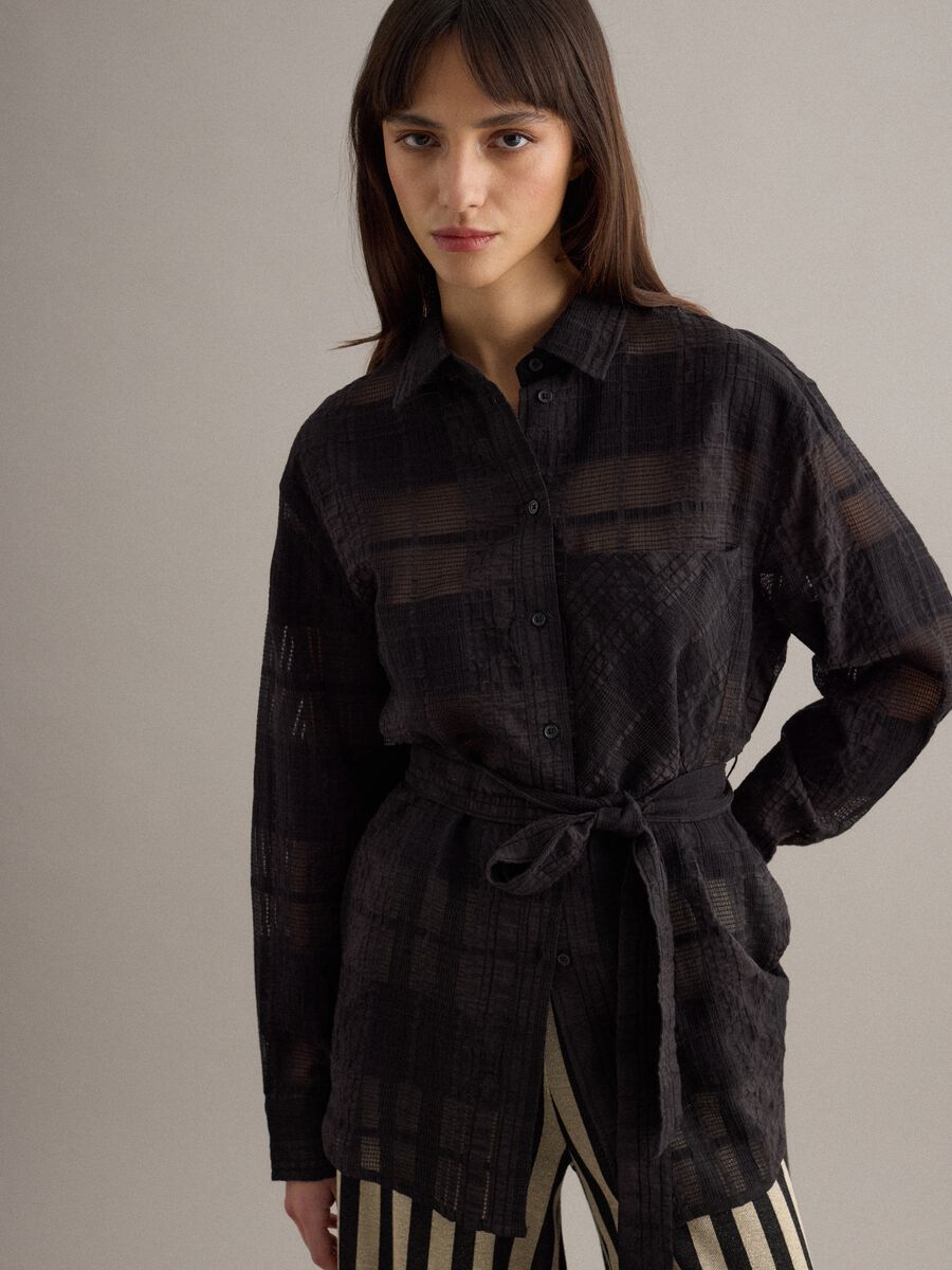 Black viscose blend oversized fit check semi-transparent shirt_0