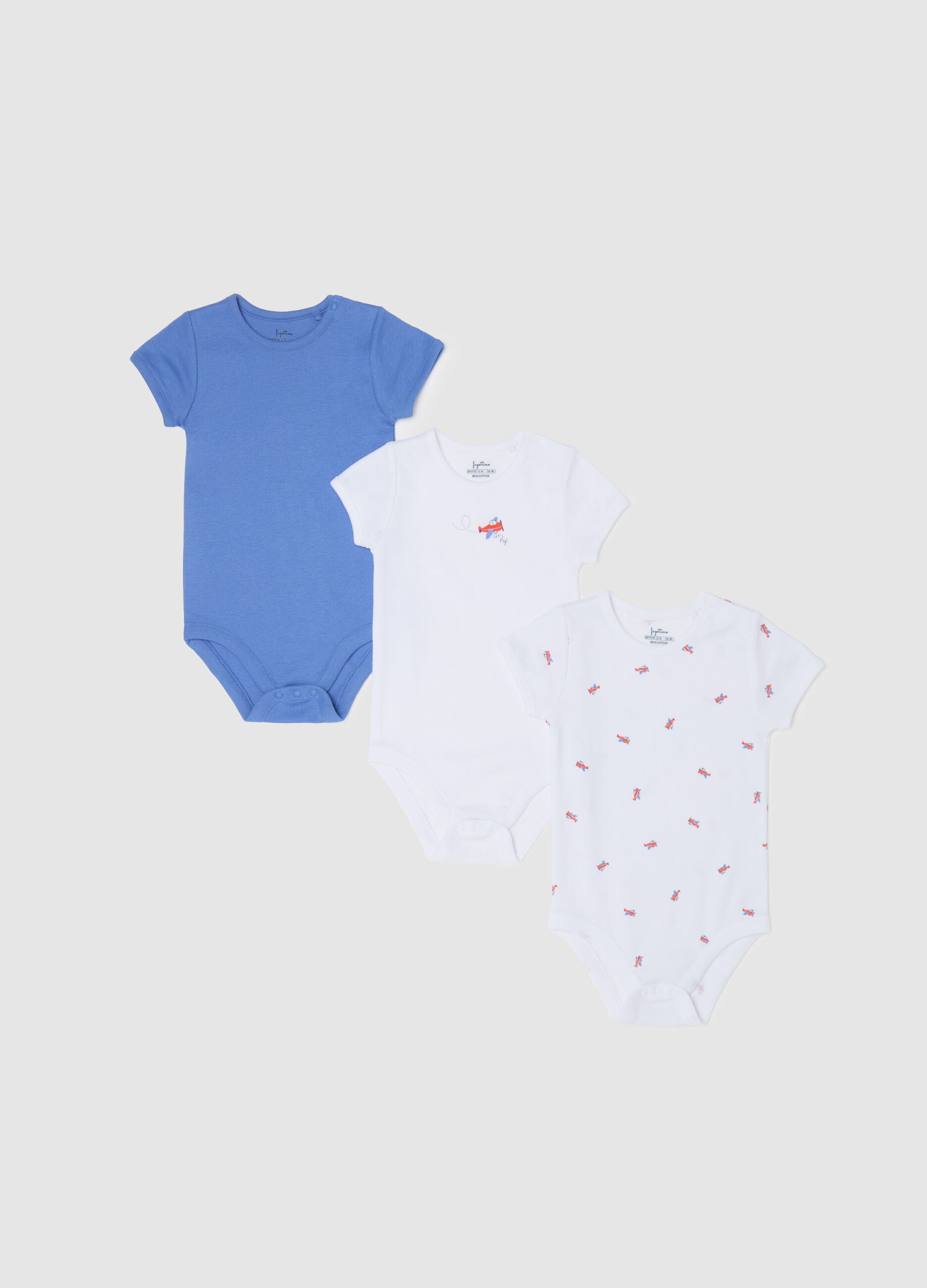 Three-pack short-sleeved bodysuits in organic cotton with print