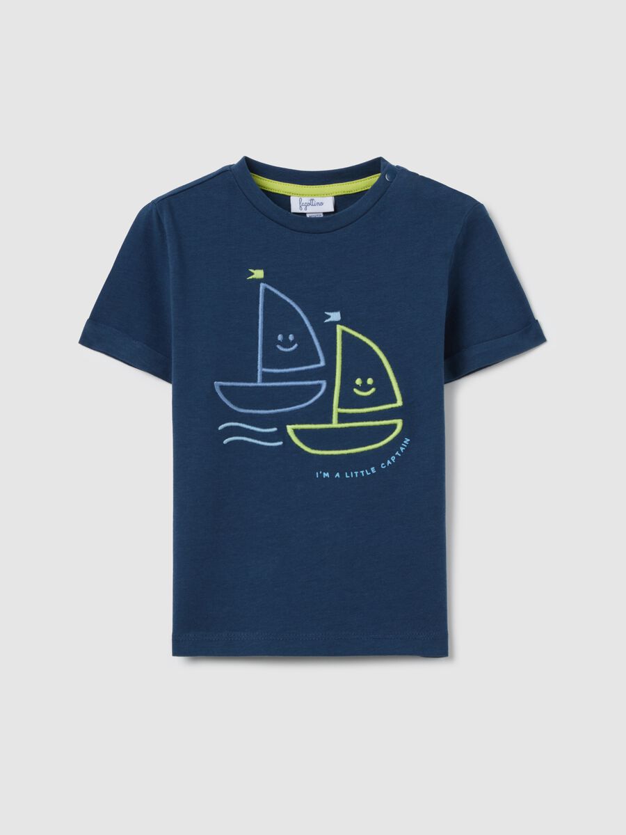 Blue cotton T-shirt with sail boats embroidery_0