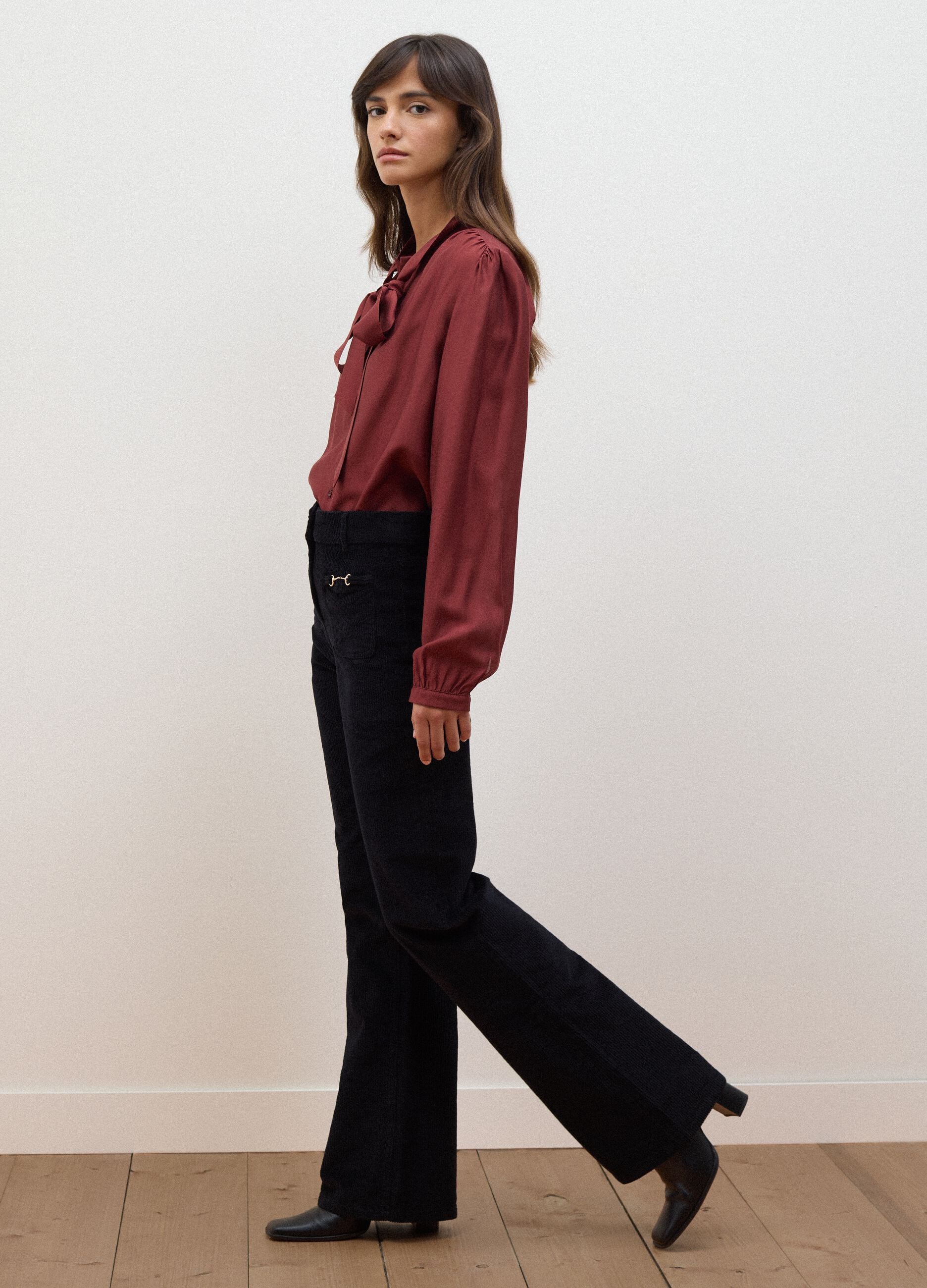 Black ribbed stretch-cotton flared trousers