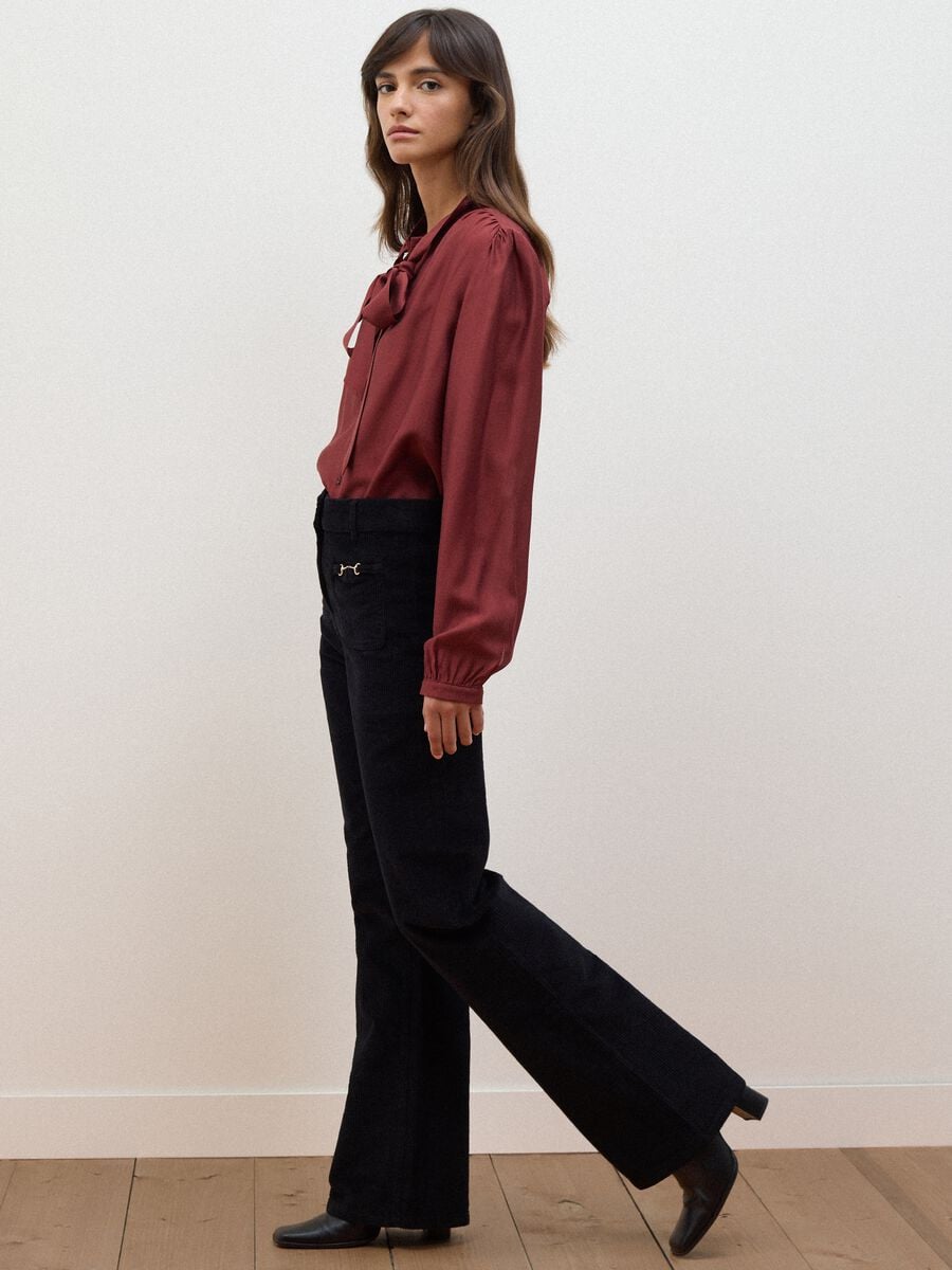 Black ribbed stretch-cotton flared trousers_1