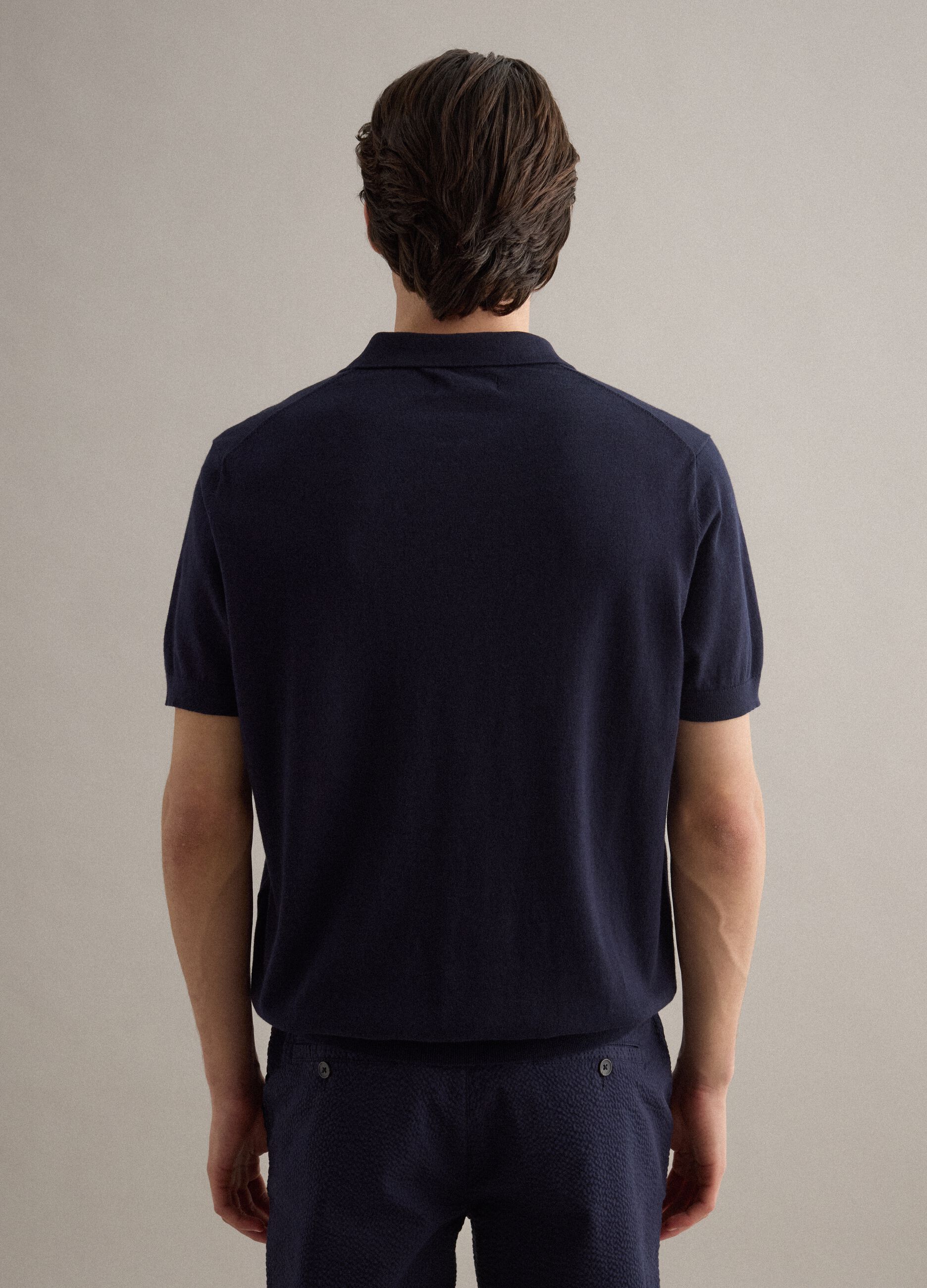 Regular fit blue polo in cotton, linen and silk blend