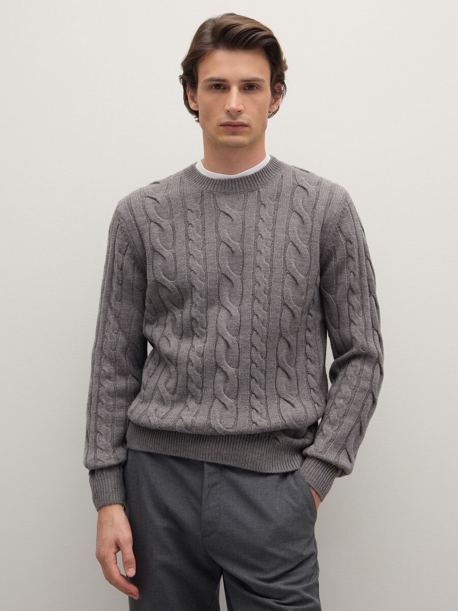 Grey Crew Neck Pullover Regular Fit with Cable Knit_1