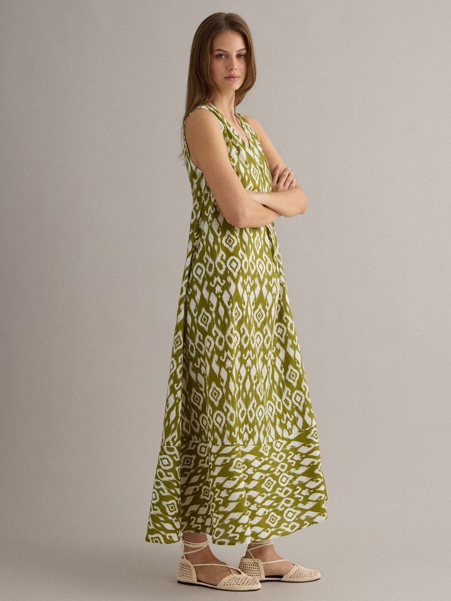 Green maxi dress in pure cotton with V-neck and print_1
