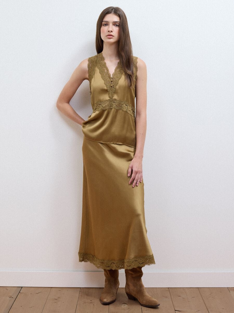 Yellow viscose-blend skirt with lace_0