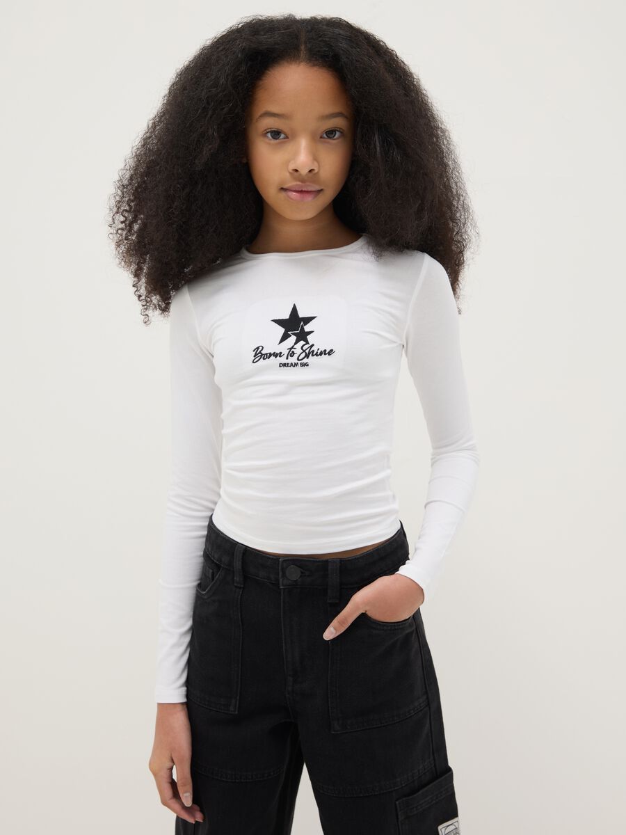 White stretch cotton slim fit girl's top with print_0
