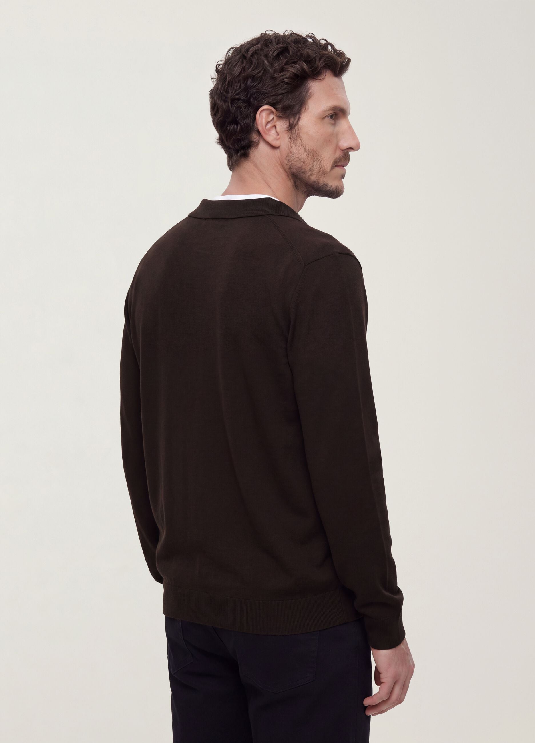 Brown viscose-blend polo with V-neck, regular fit