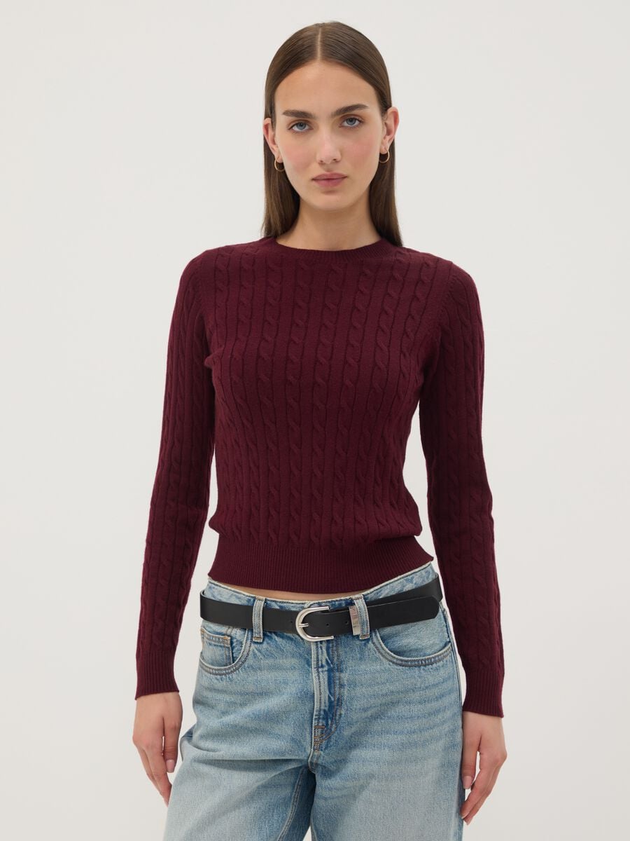 Maglia girocollo rossa a trecce regular fit_1