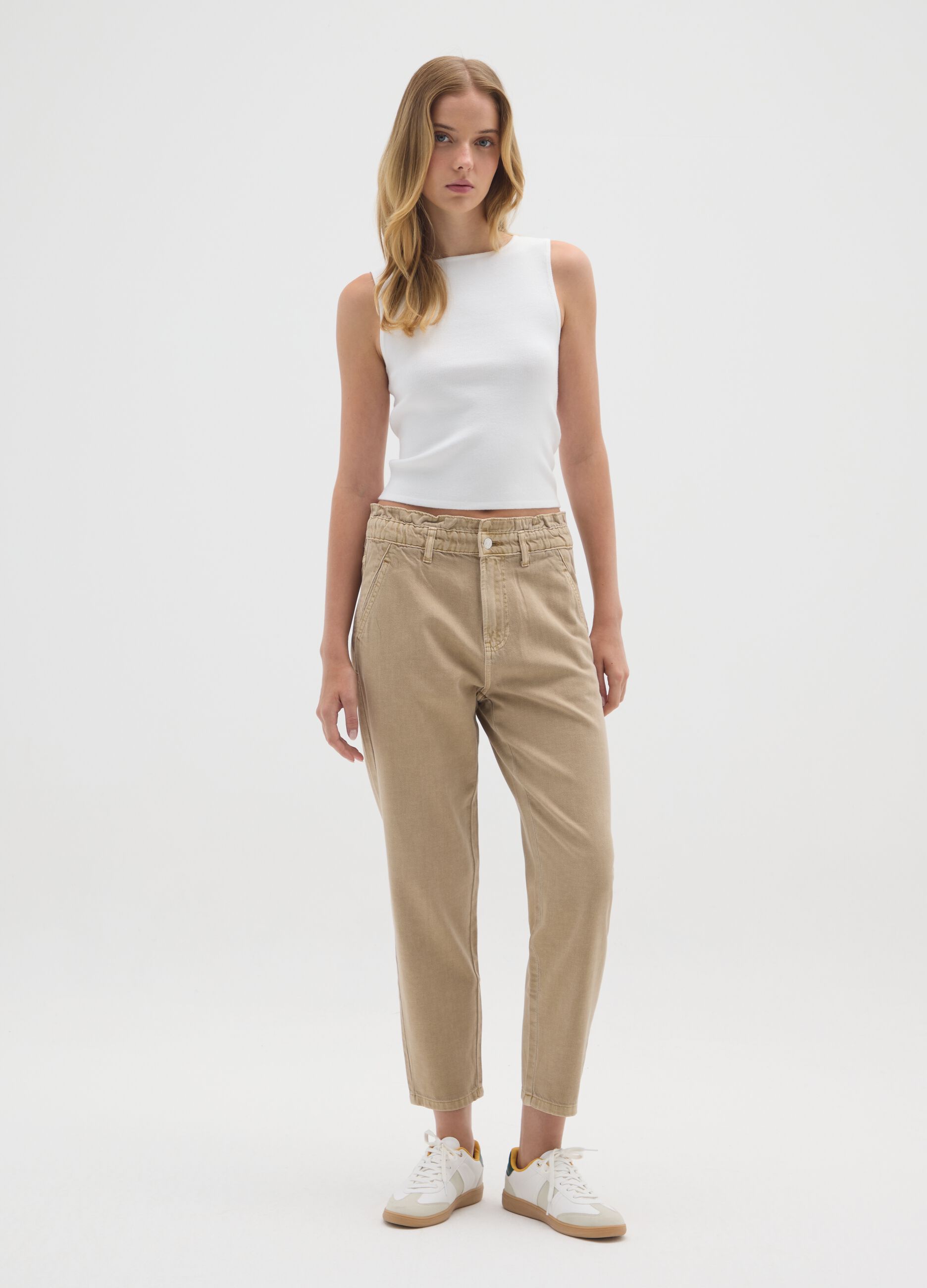Beige Slouchy Denim Trousers in Pure Cotton