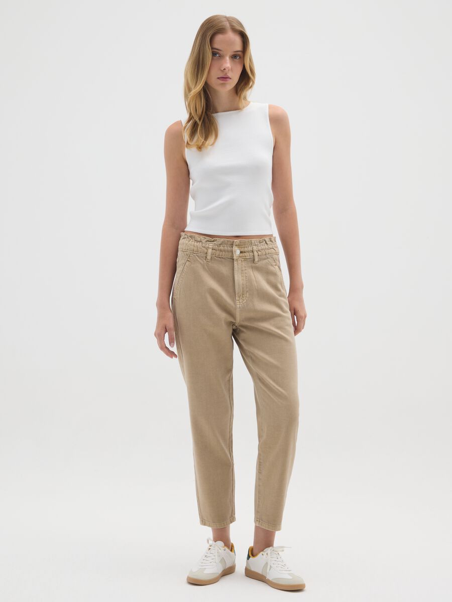 Beige Slouchy Denim Trousers in Pure Cotton_0