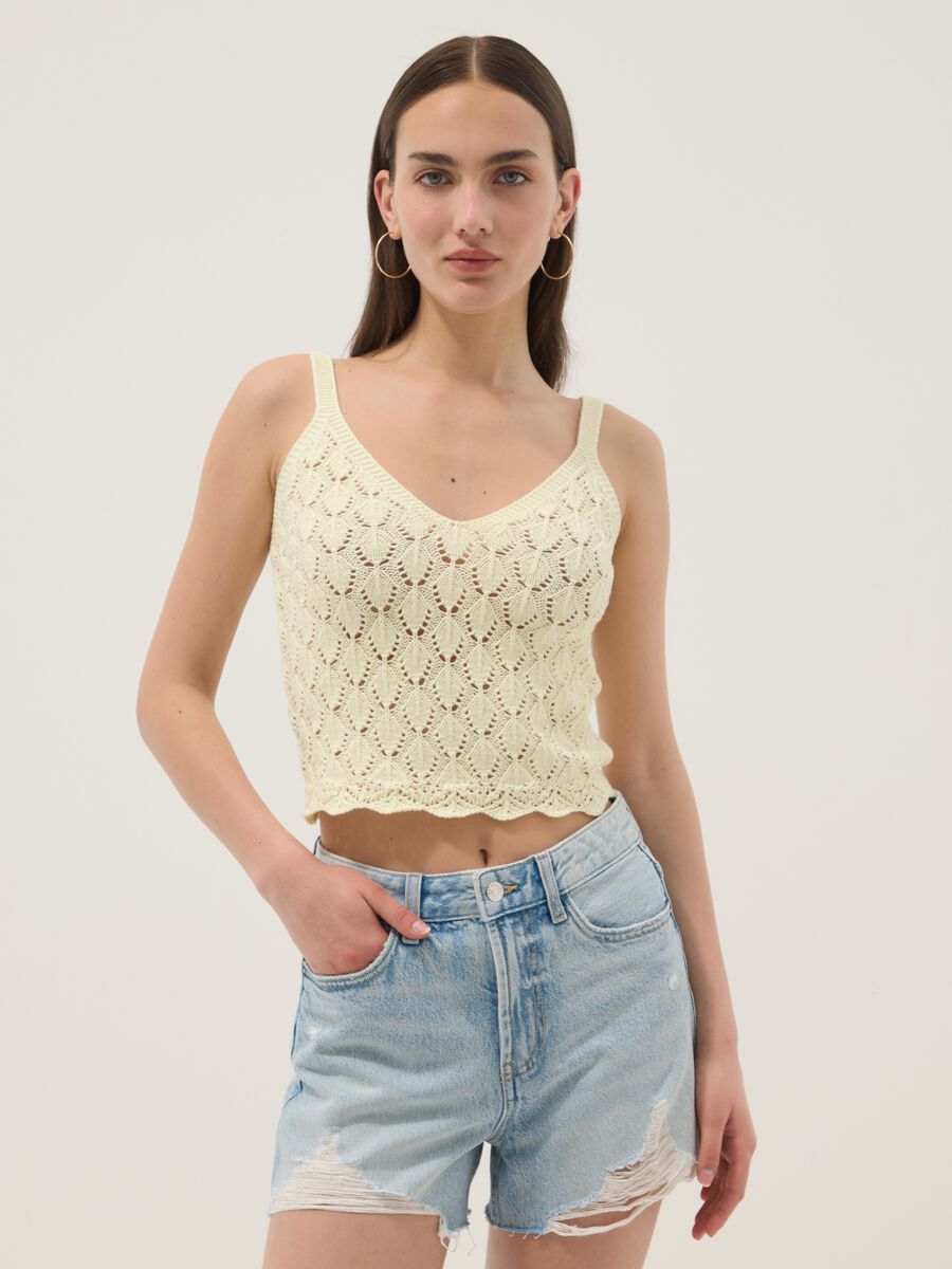 Yellow crochet waistcoat in pure cotton, regular fit_1