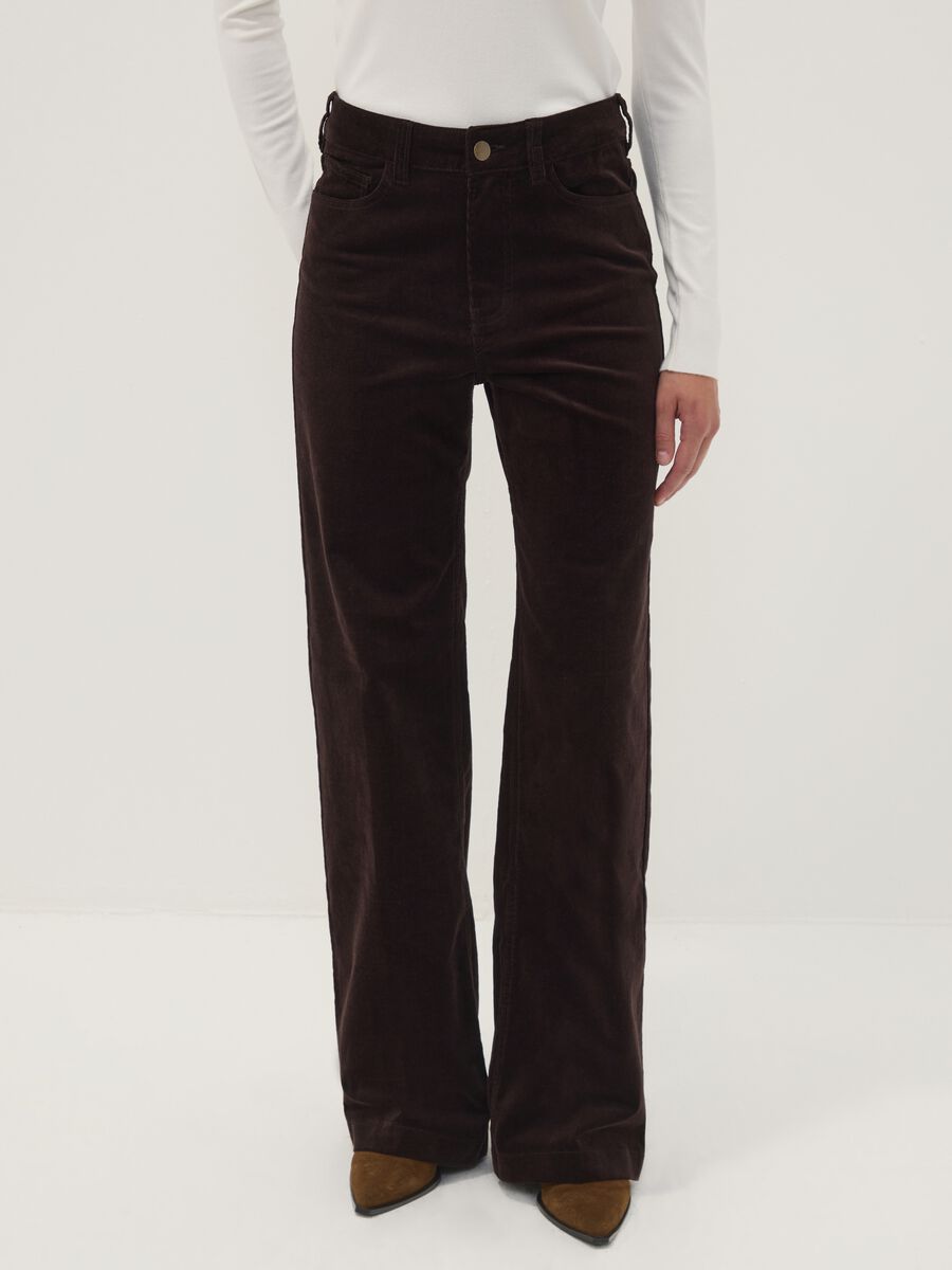 Pantaloni marroni in cotone elasticizzato a coste straight fit_1