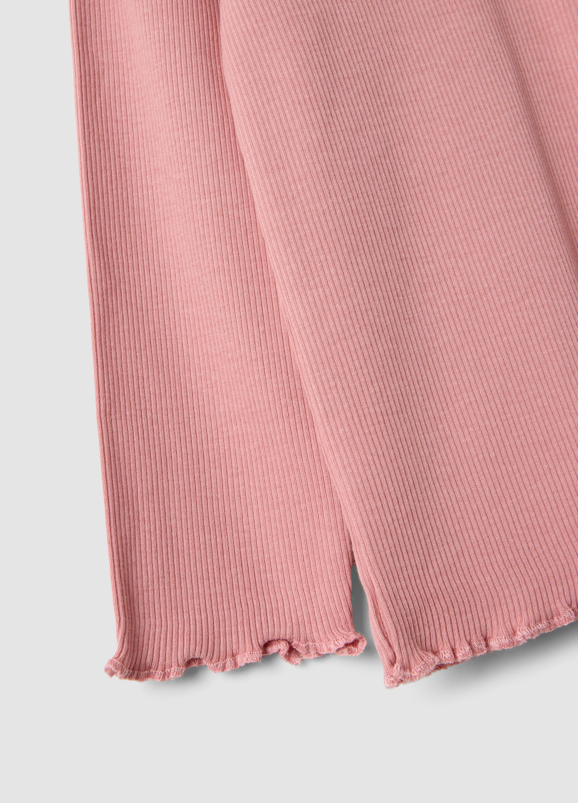 Pink ribbed crew-neck top in stretch organic cotton