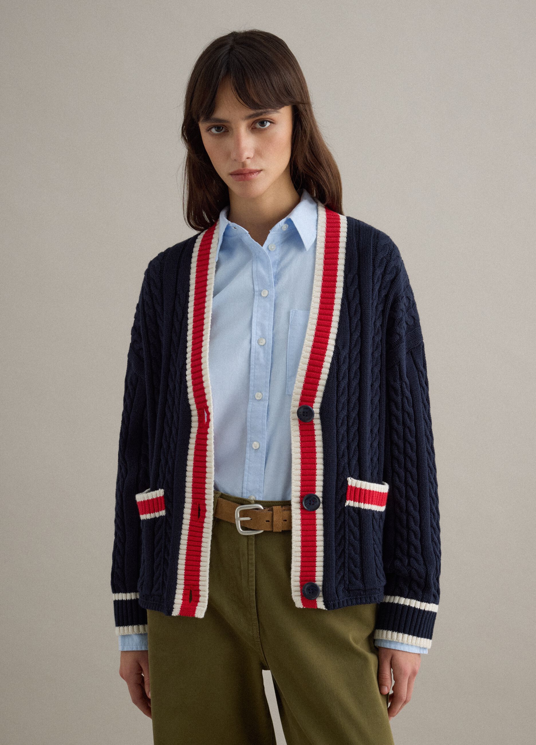 Multicolour pure cotton oversized cardigan with deep V-neck