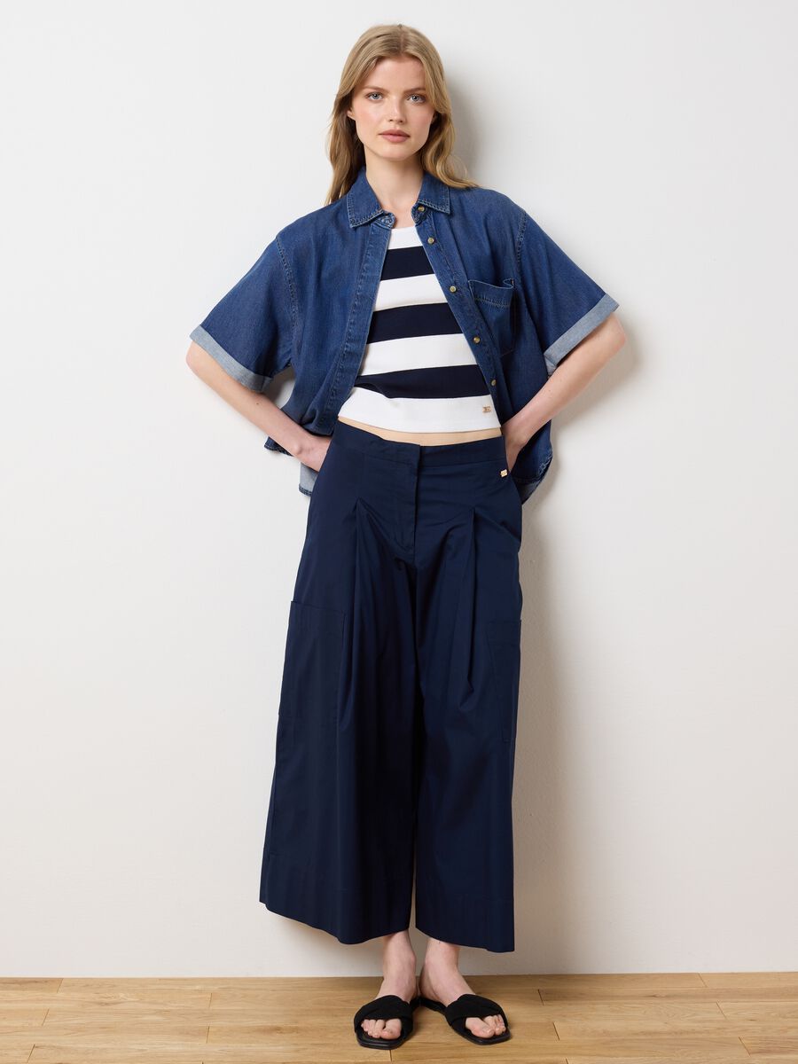 Women's Blue Stretch Cotton Culotte Trousers_0