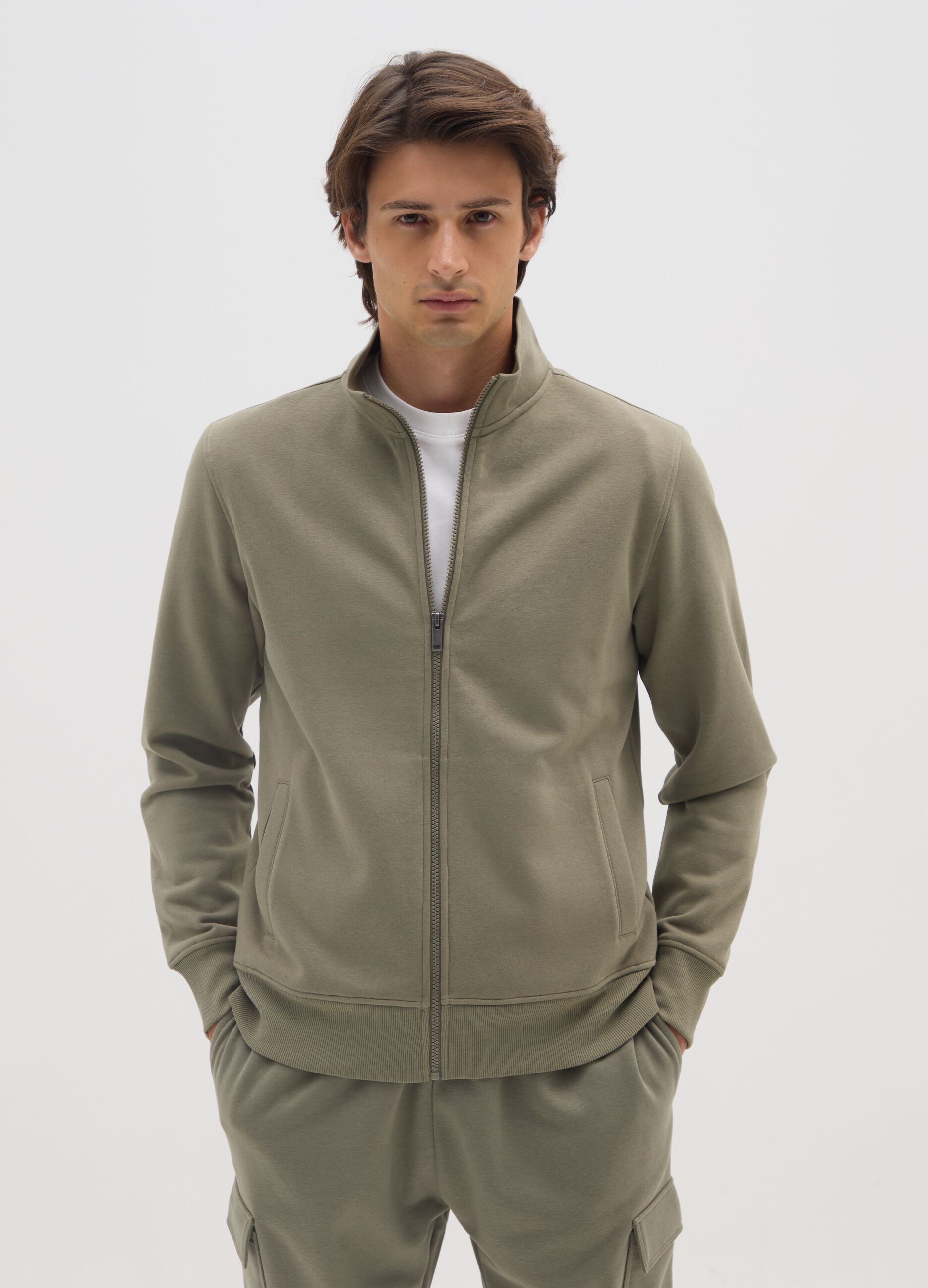 Green Cotton Blend Zip Sweatshirt