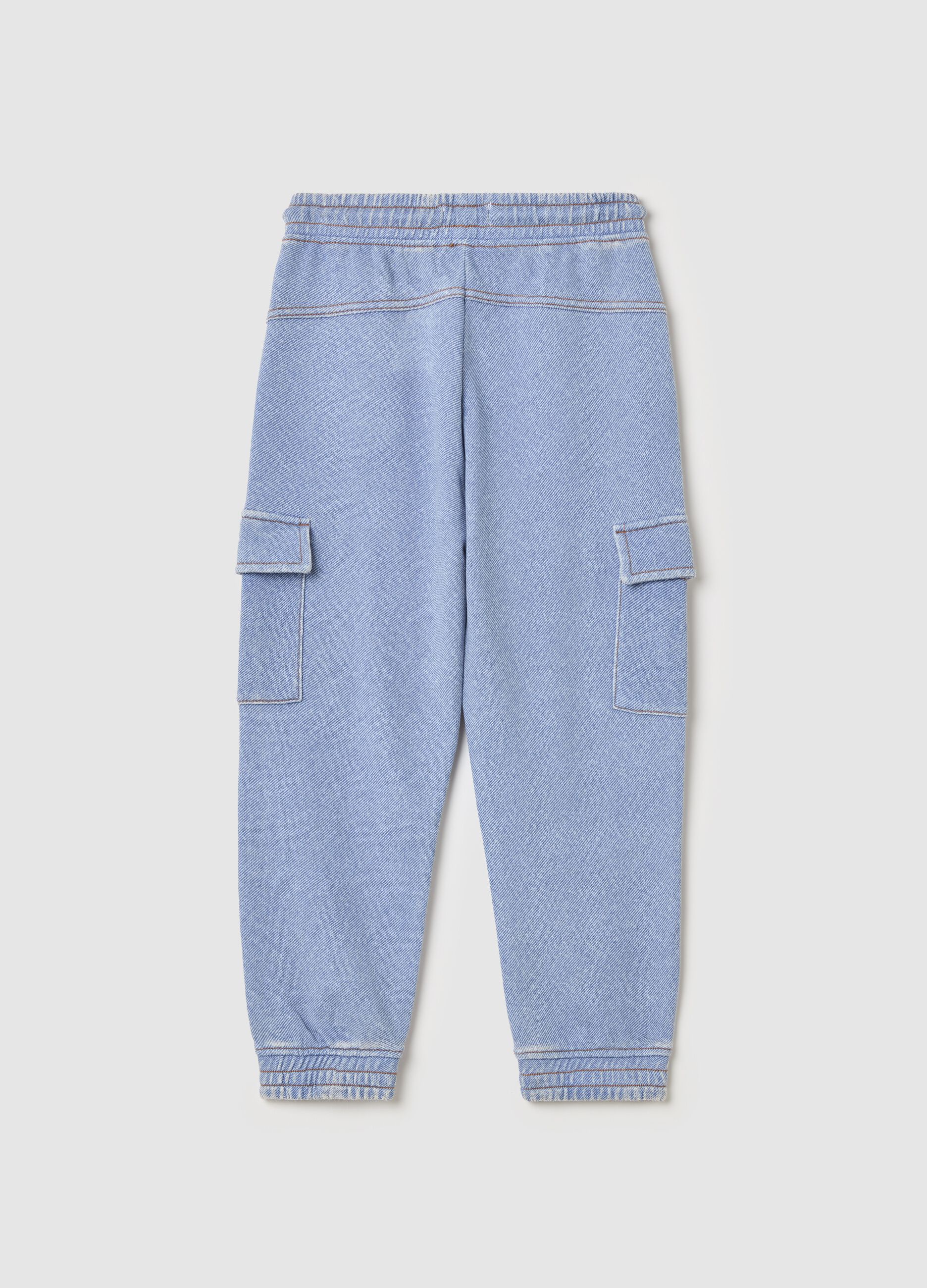Denim-effect cargo joggers with drawstring