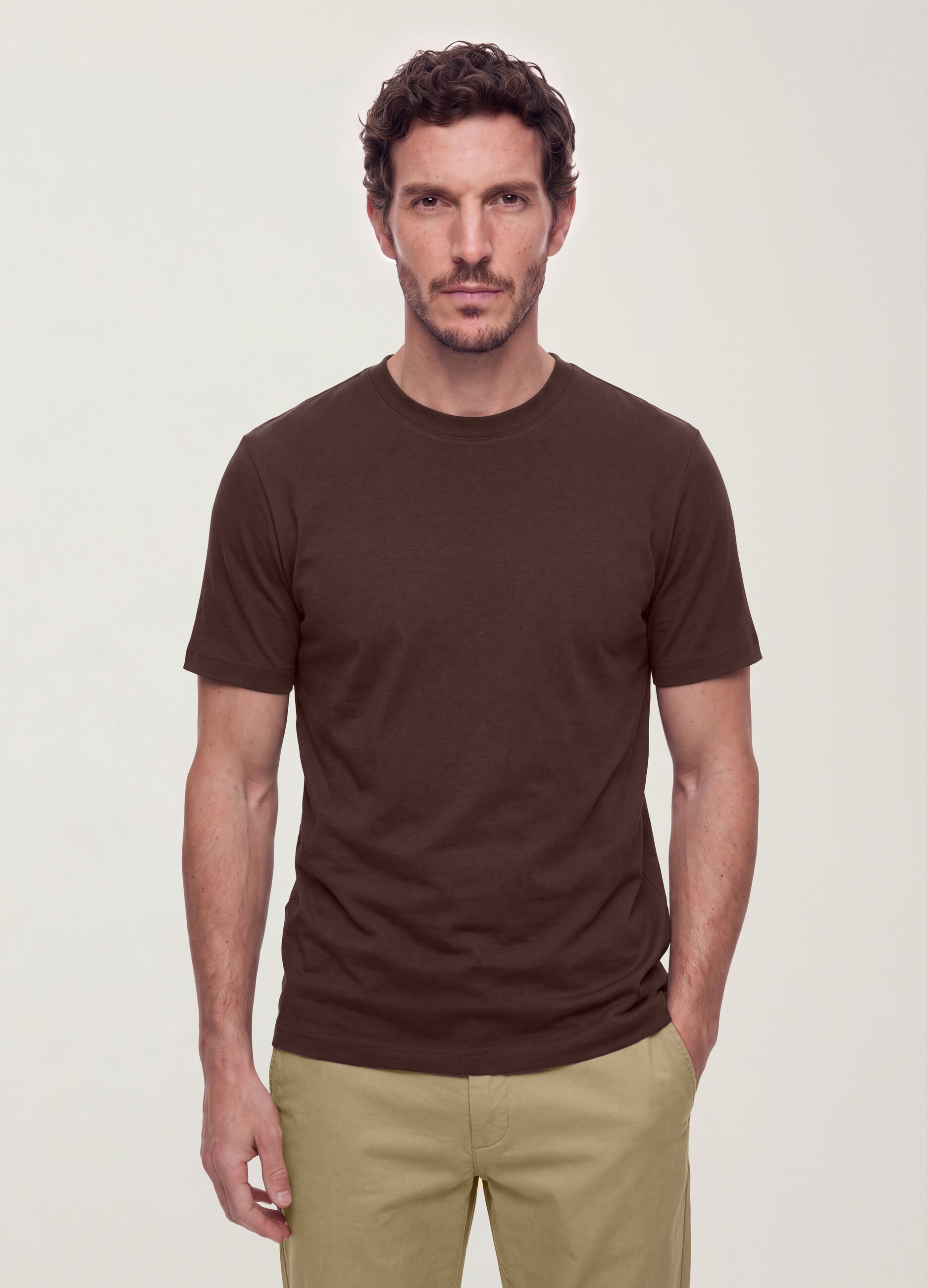 Brown pure cotton regular-fit short-sleeve T-shirt