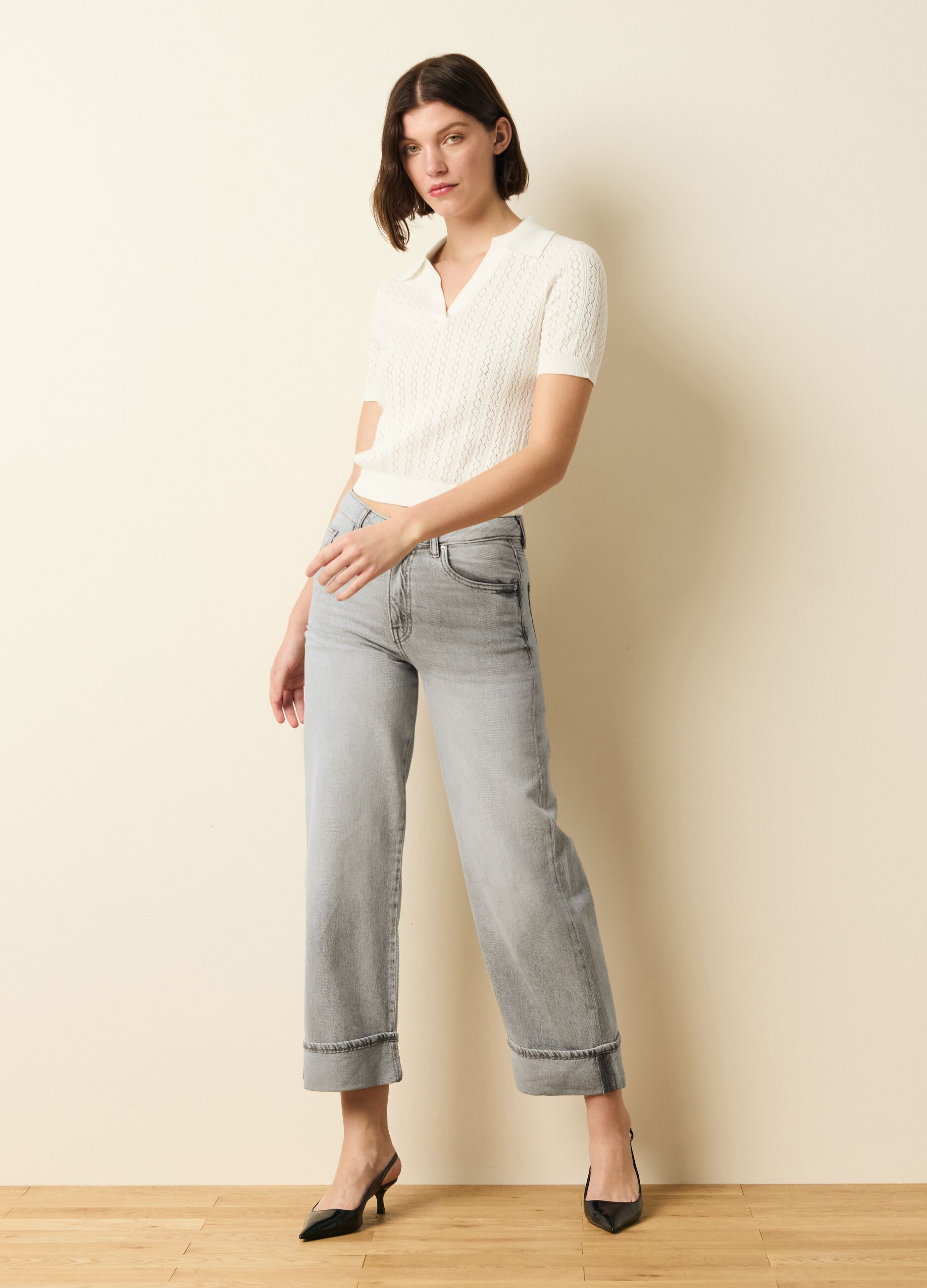 Pointelle T-shirt with polo neck