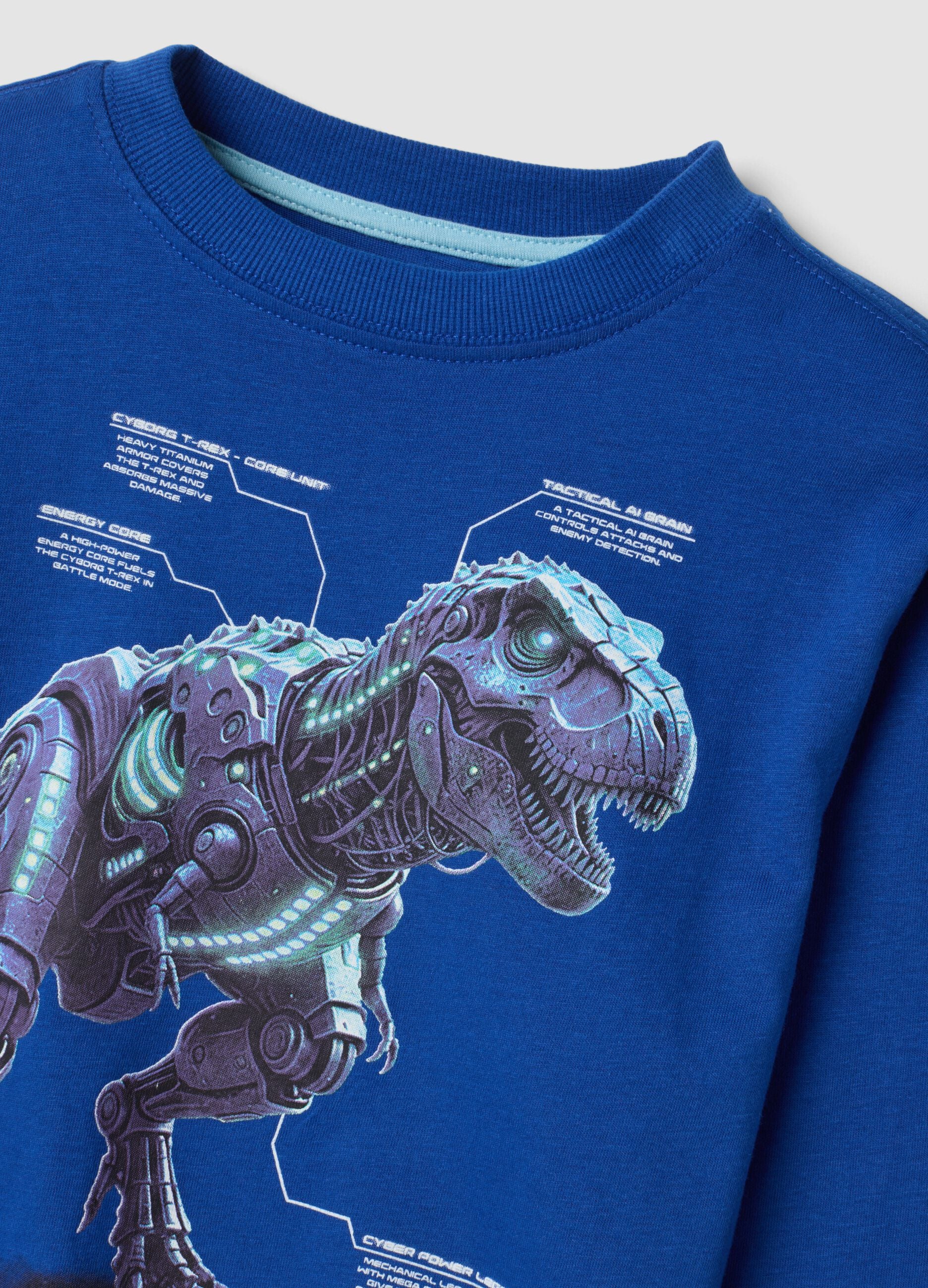 T-shirt blu girocollo in puro cotone organico con stampa dinosauro