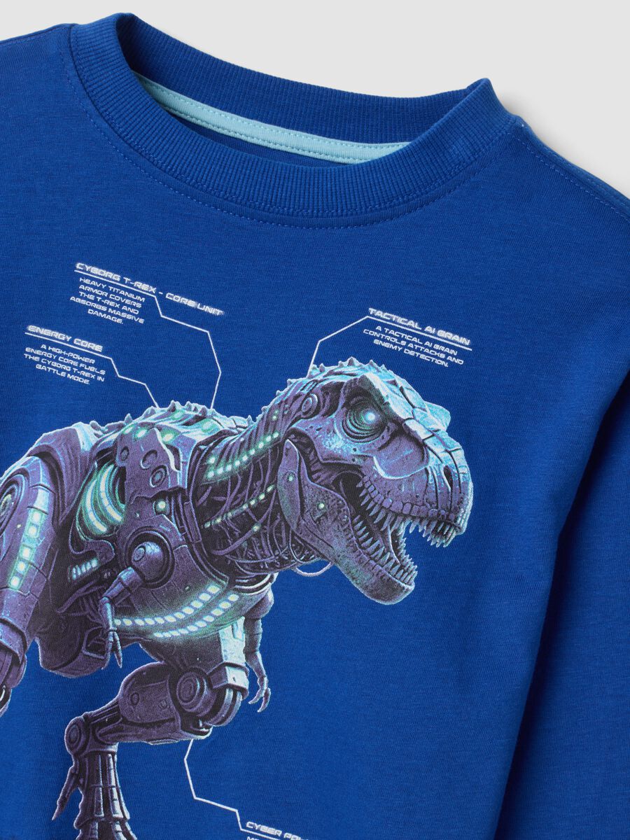 T-shirt blu girocollo in puro cotone organico con stampa dinosauro_2