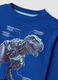 T-shirt blu girocollo in puro cotone organico con stampa dinosauro_2
