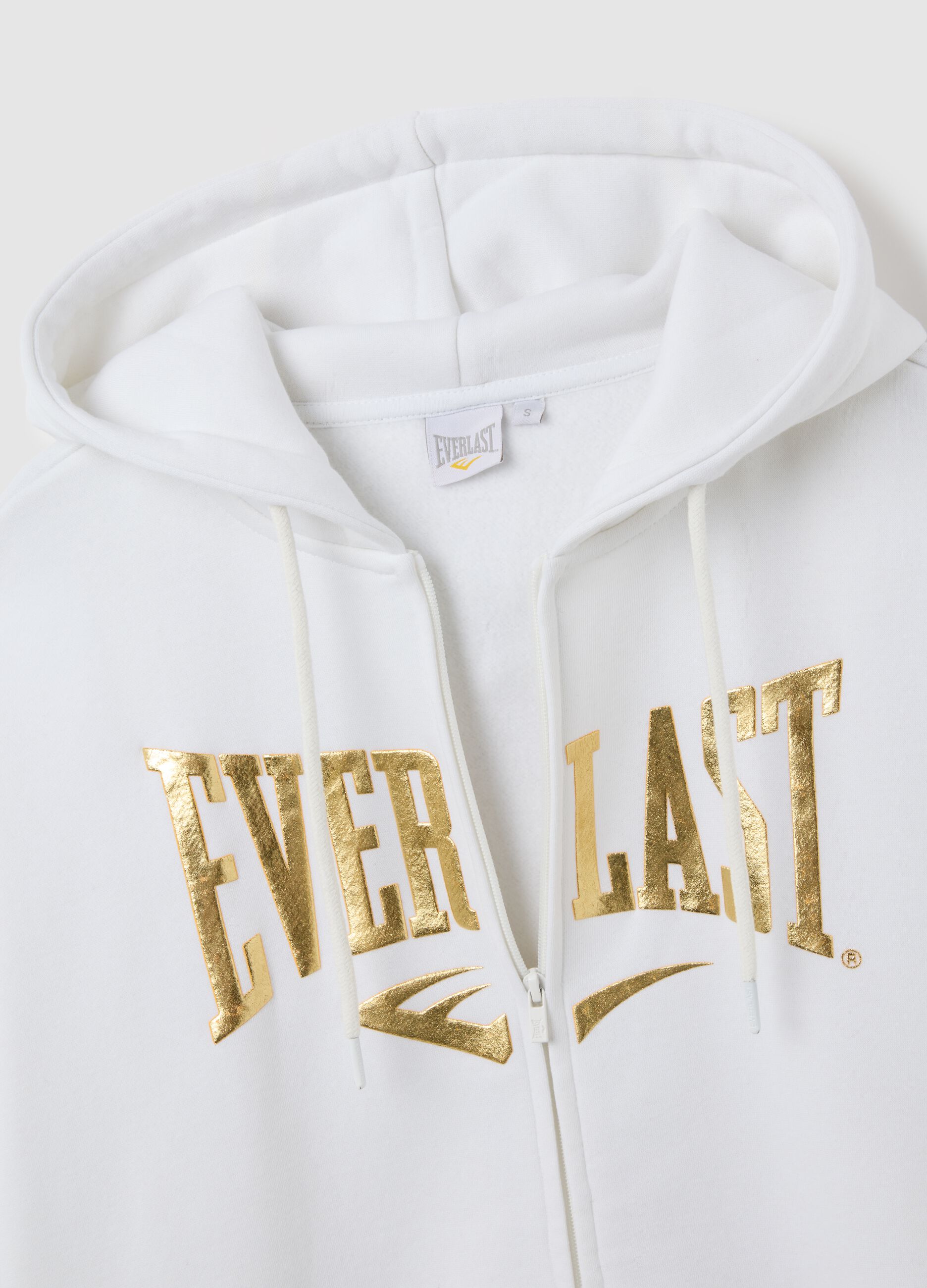White cotton-blend zip hoodie with print
