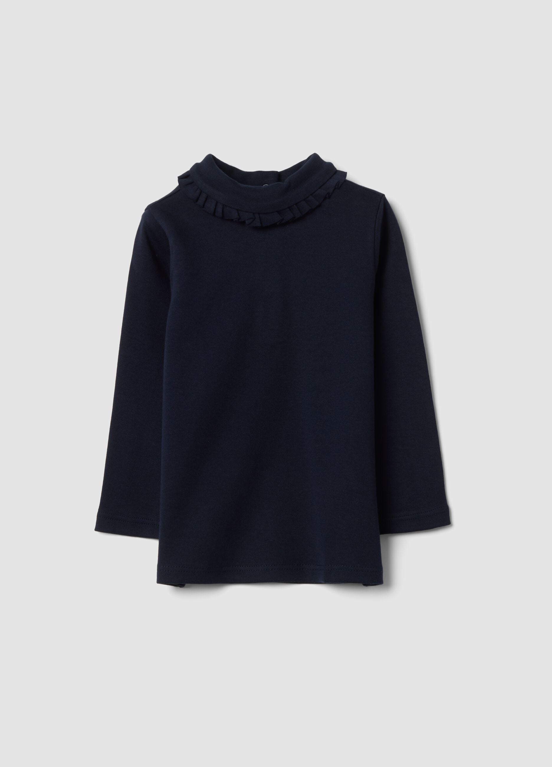 Navy pure cotton T-shirt with ruffled high neck