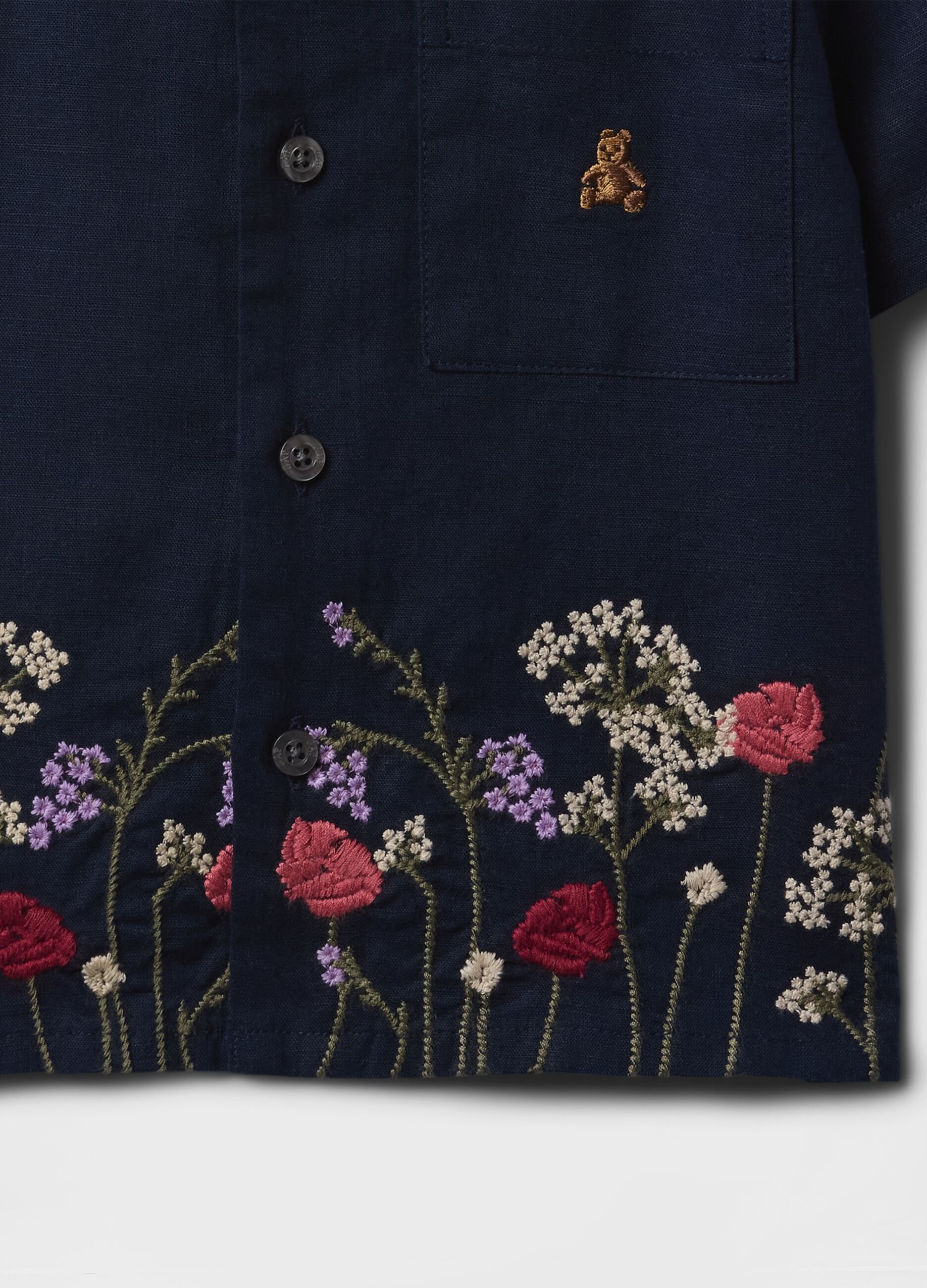 Navy blue short sleeve shirt with floral embroidery
