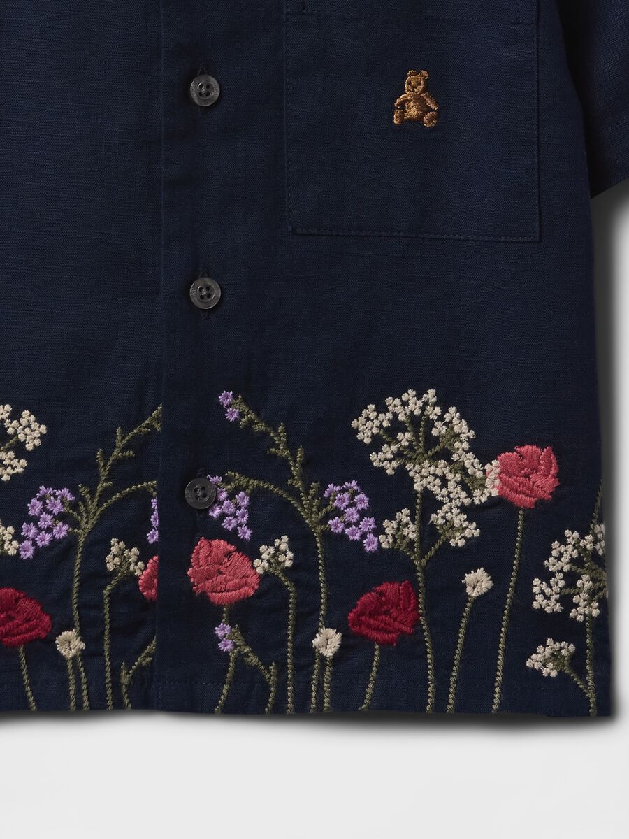 Navy blue short sleeve shirt with floral embroidery_3