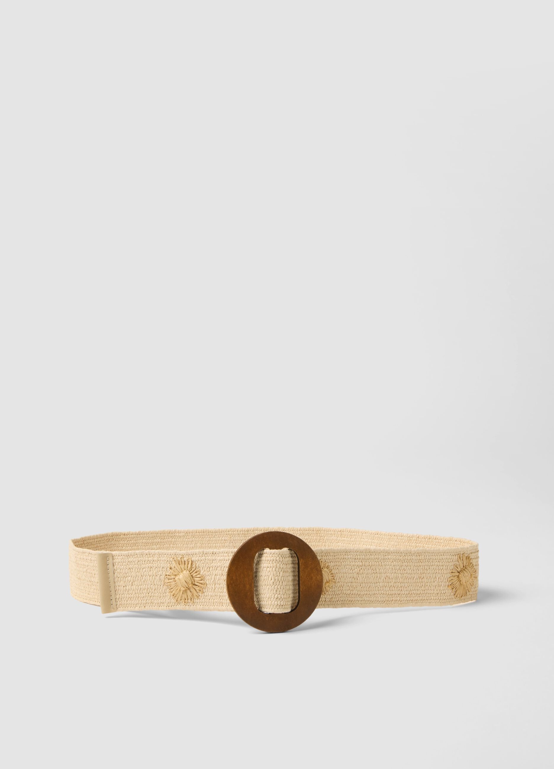 Beige woven belt with brown wooden buckle and embellishments