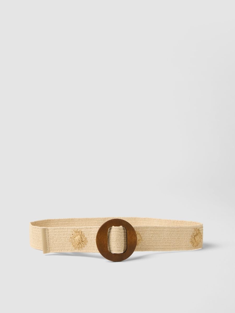 Beige woven belt with brown wooden buckle and embellishments_0