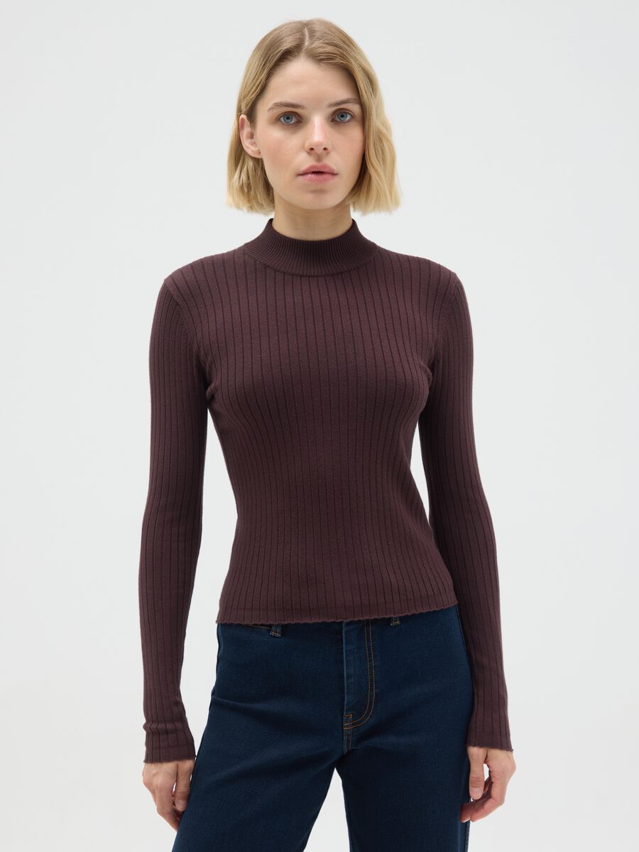 Brown mixed fitted sweater_0