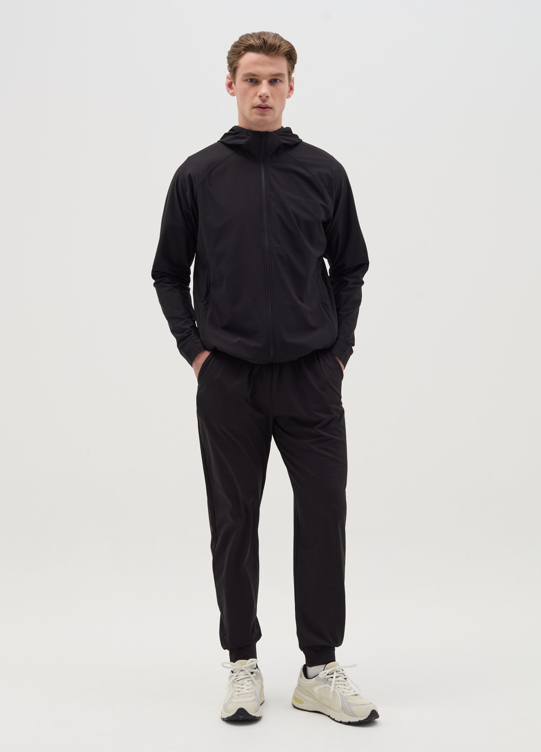 Full-zip sweatshirt in technical fabric with hood