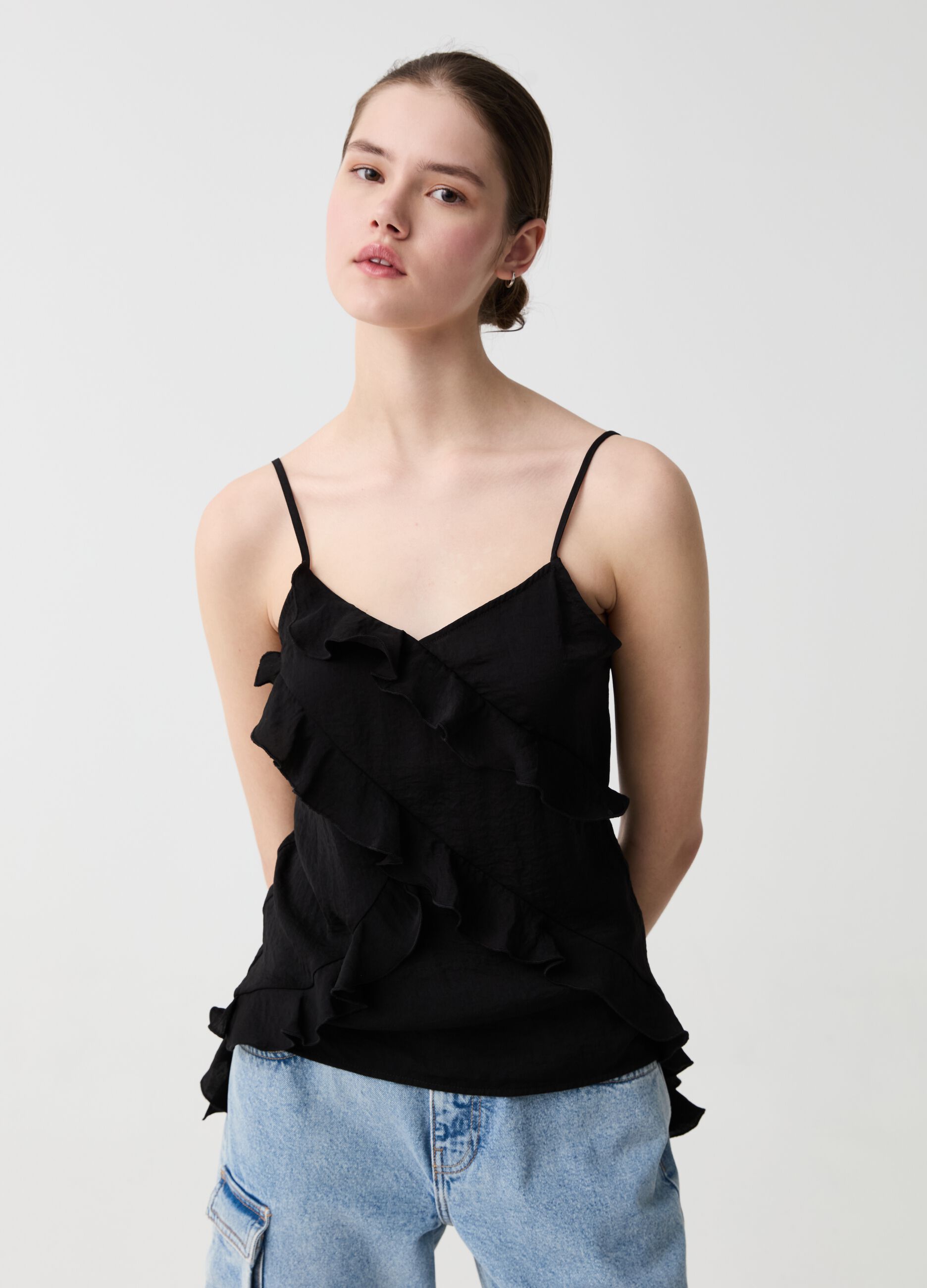 Crêpe tank top with flounce