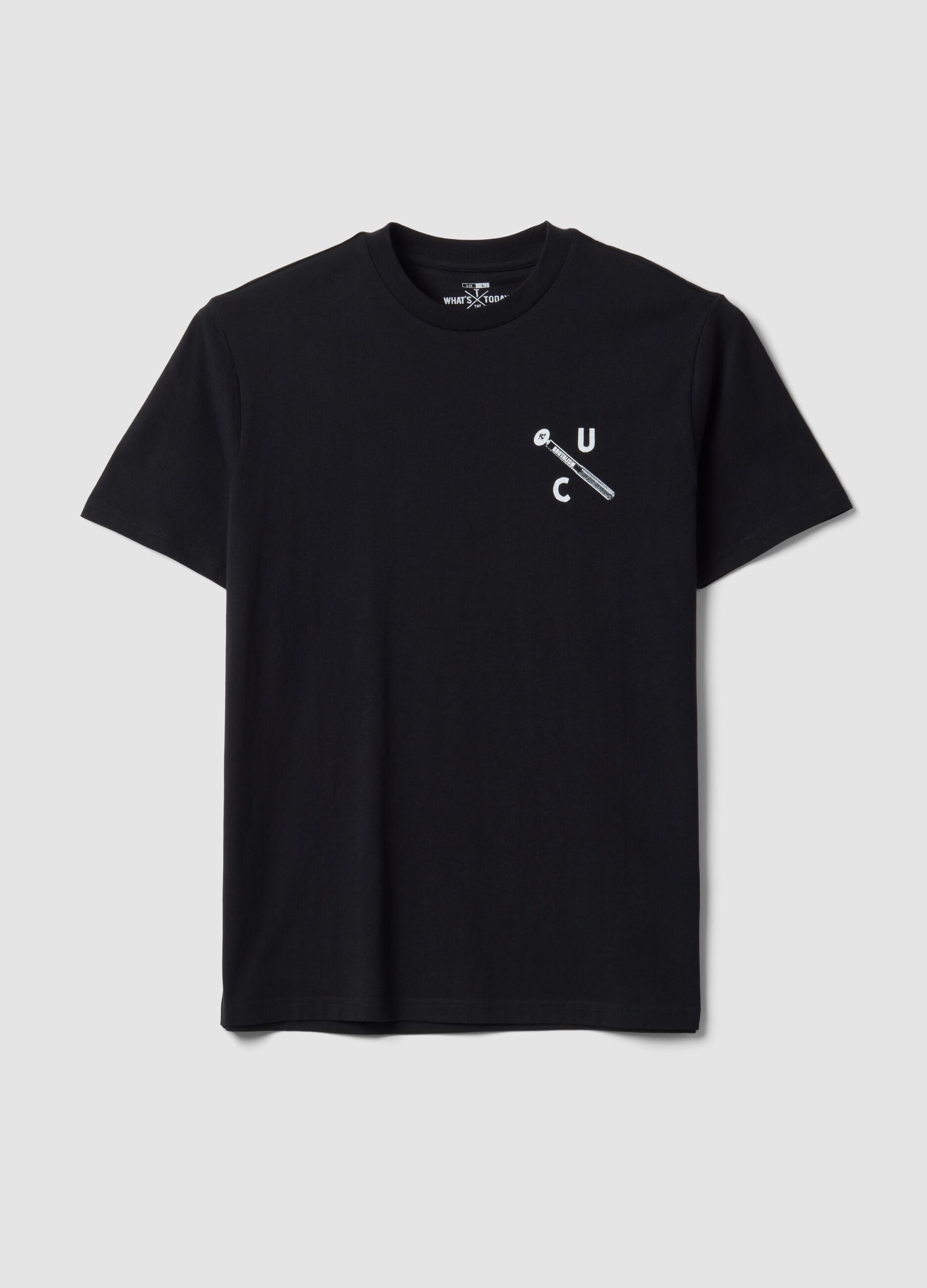 T-shirt nera in puro cotone a girocollo stampata