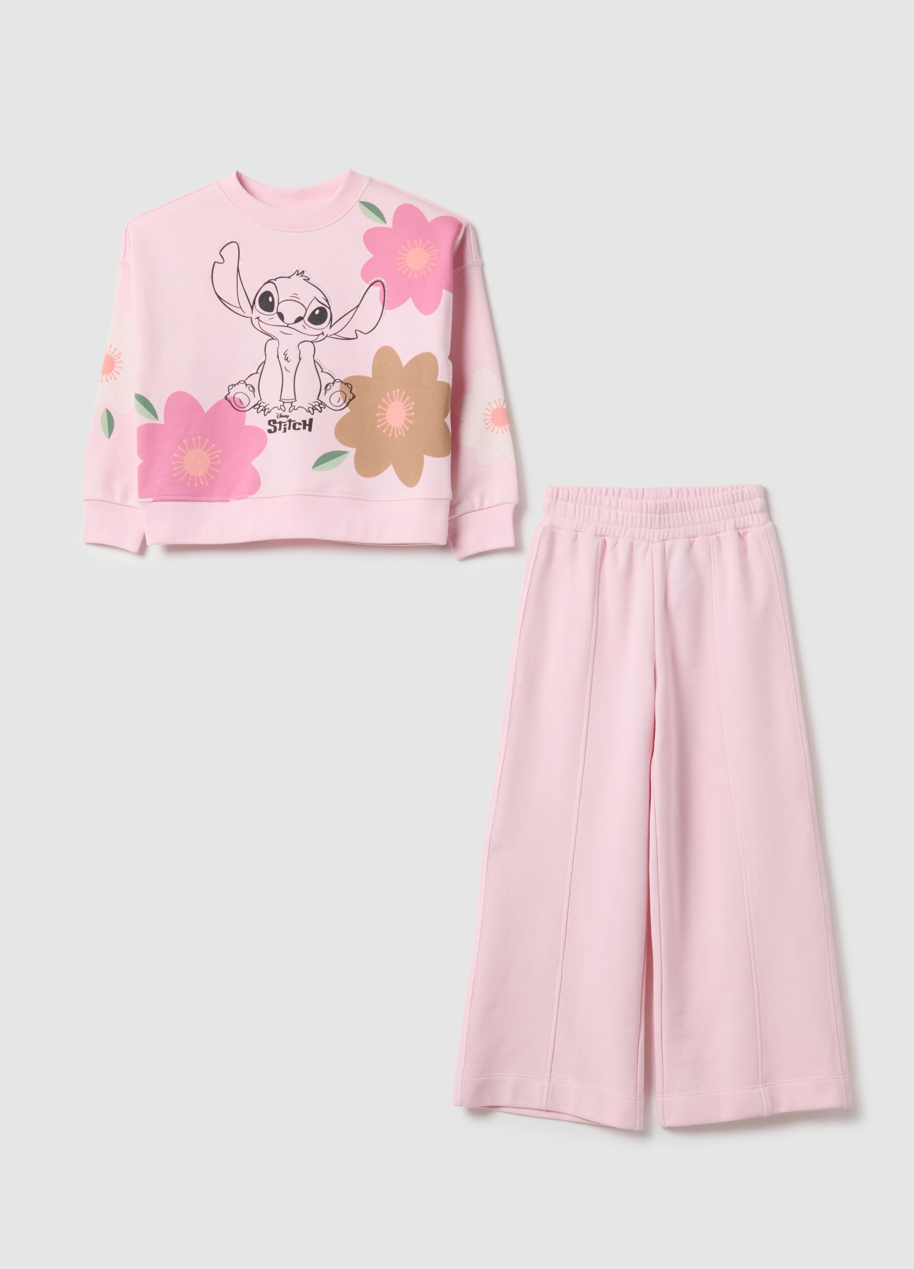 Pink cotton blend sweatshirt and trousers set for girls with regular fit
