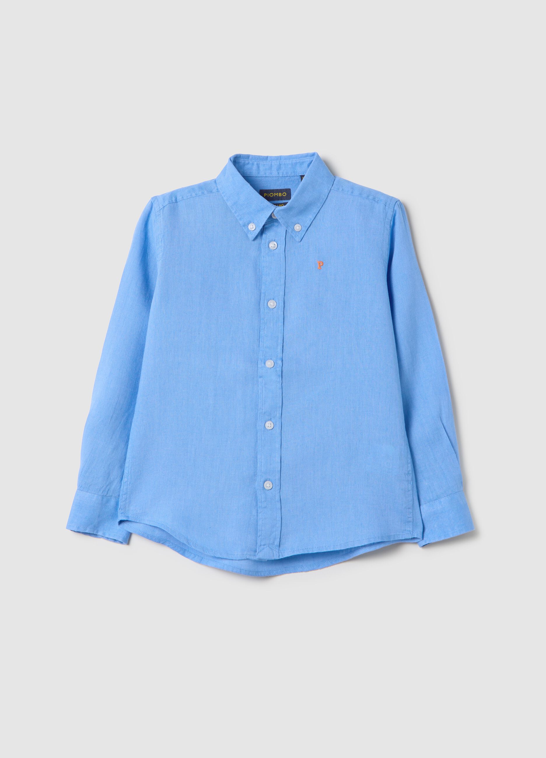 Sky blue linen shirt with logo embroidery