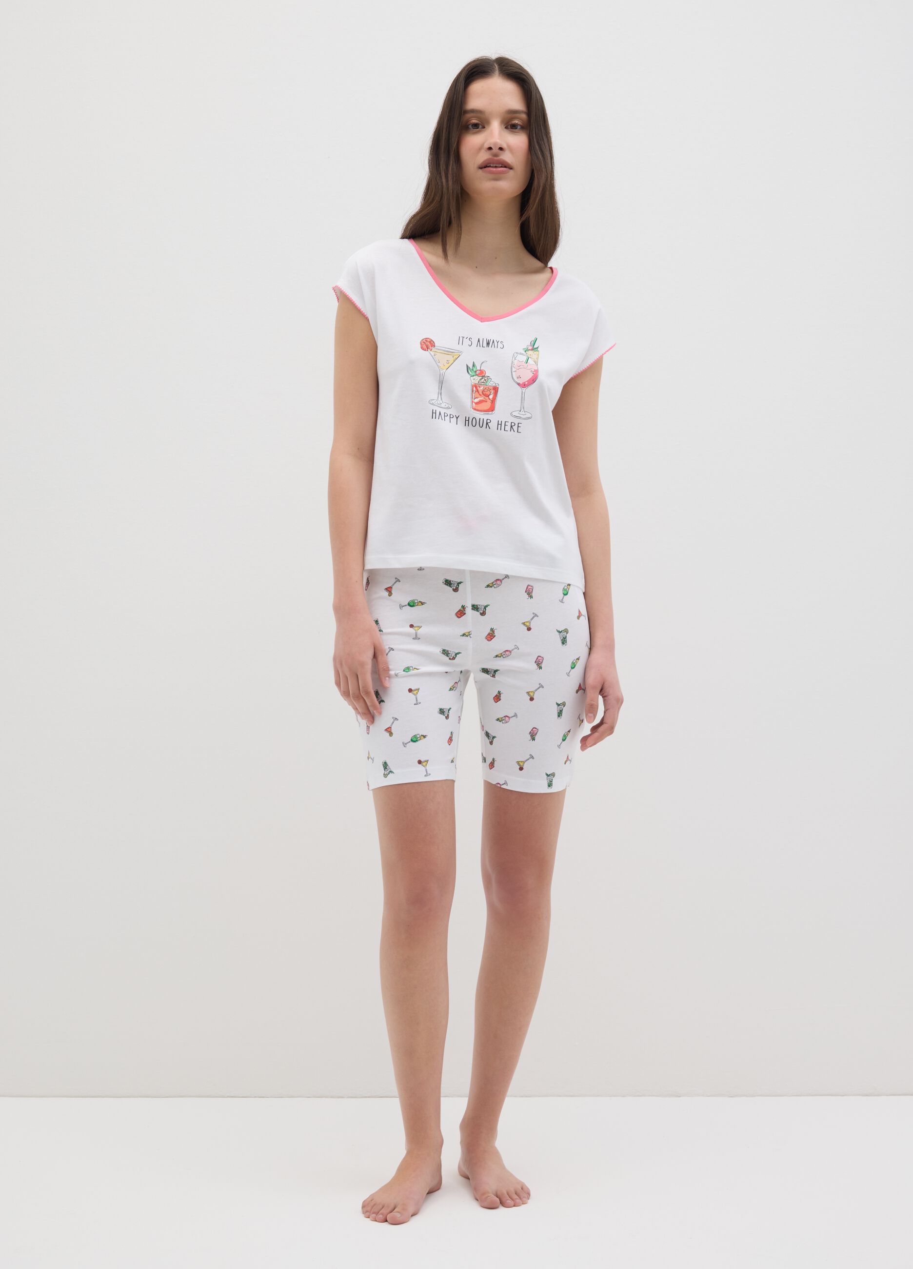 Pigiama da donna in puro cotone bianco regular fit con stampa cocktail
