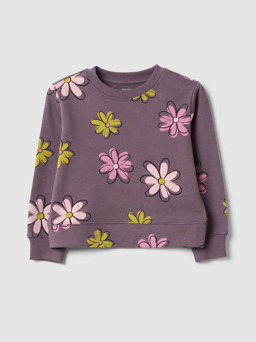 Felpa viola in puro cotone con stampa floreale e girocollo_0