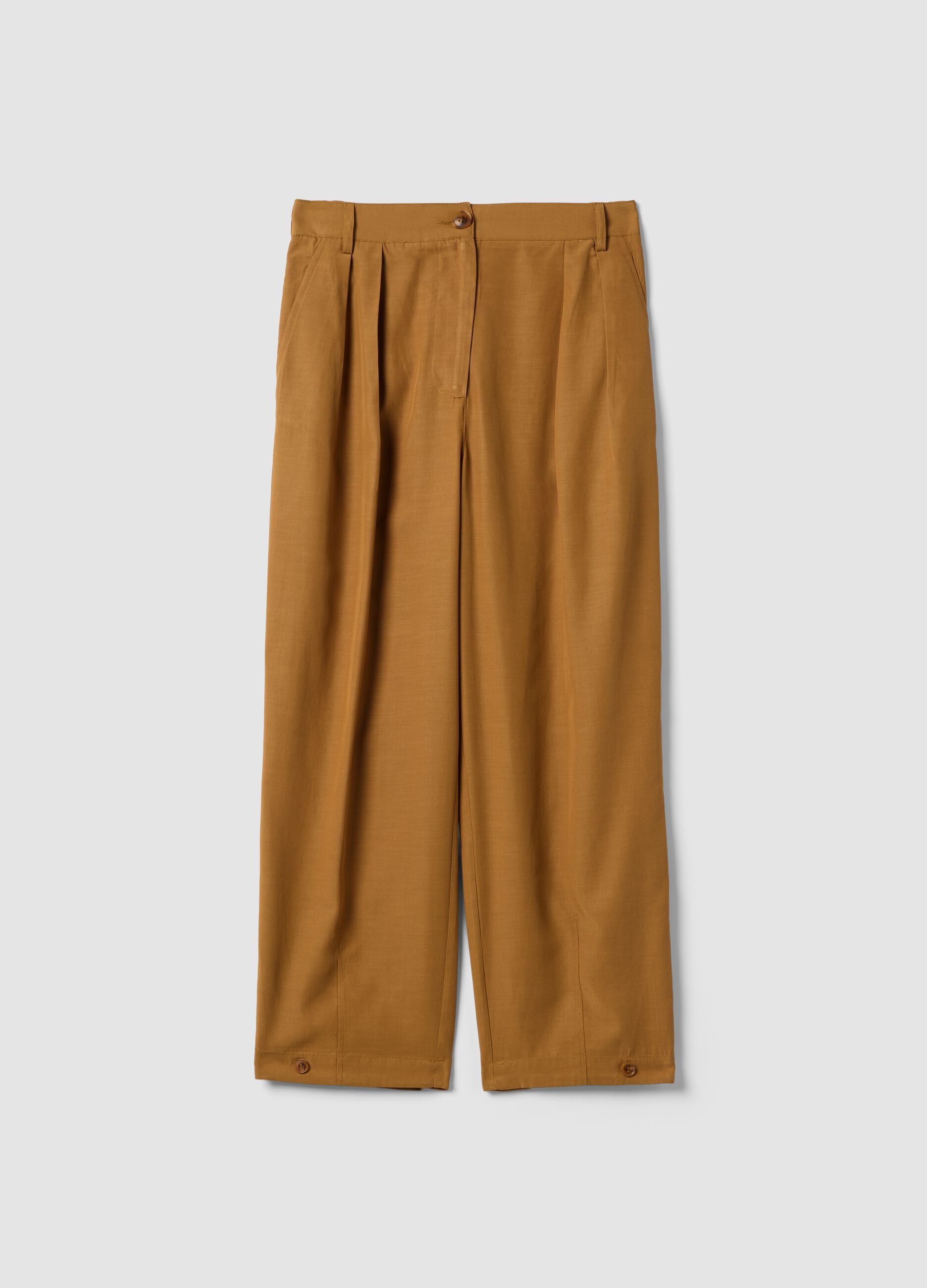 Brown lyocell-cotton blend slouchy fit trousers