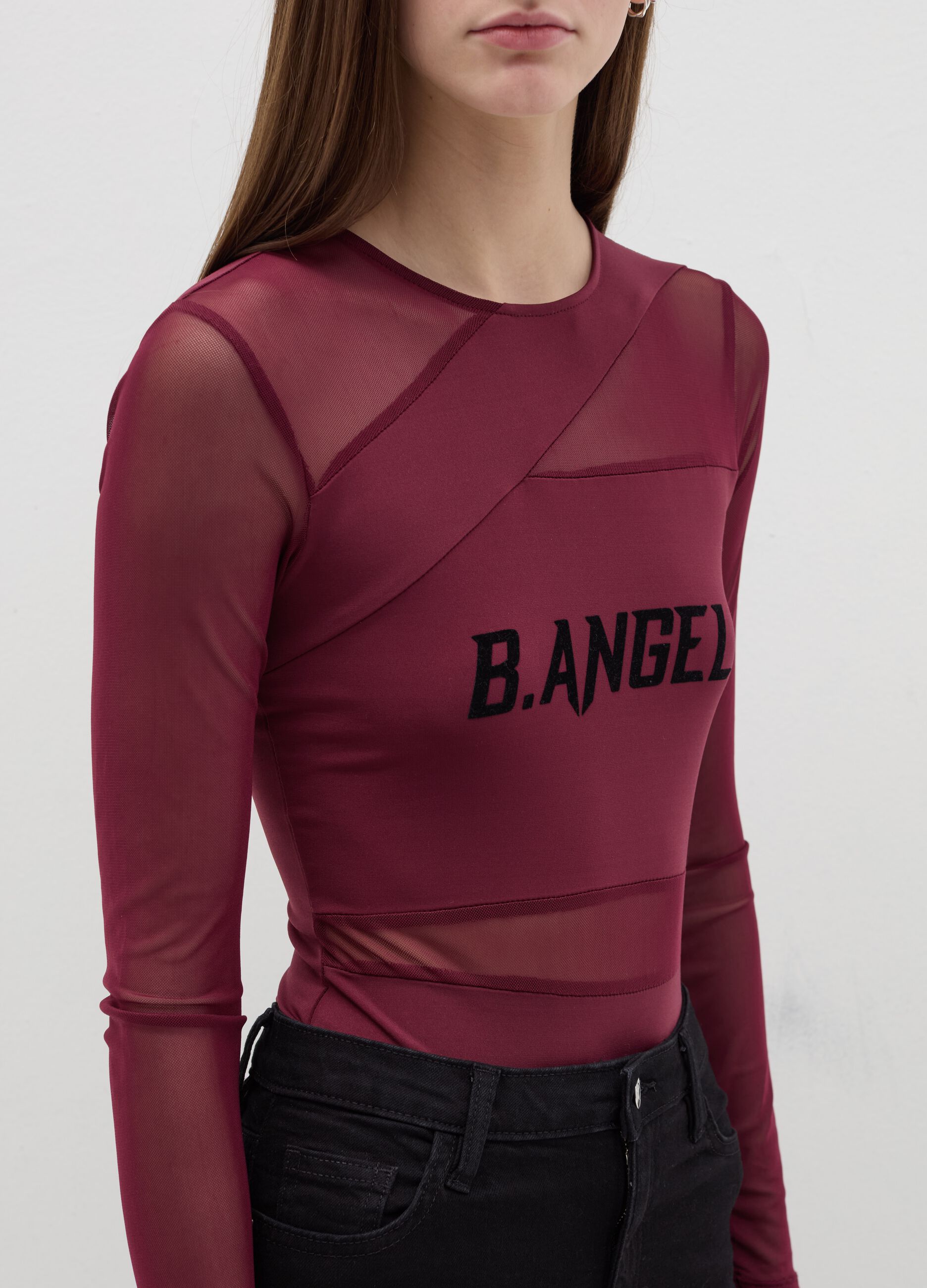 Body a maniche lunghe in mesh con stampa B.ANGEL X MARE FUORI