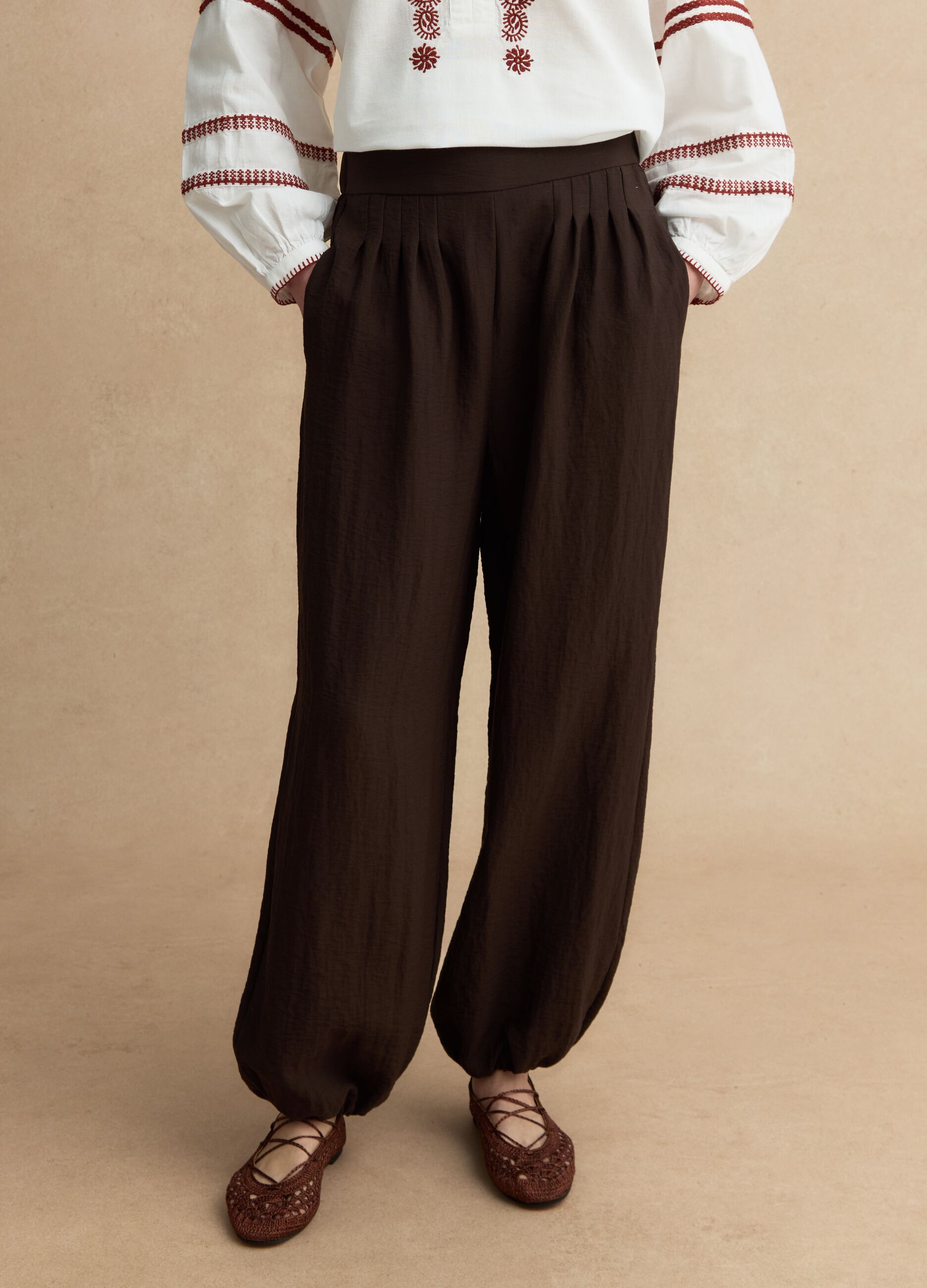 Brown viscose-blend relaxed fit jogger trousers